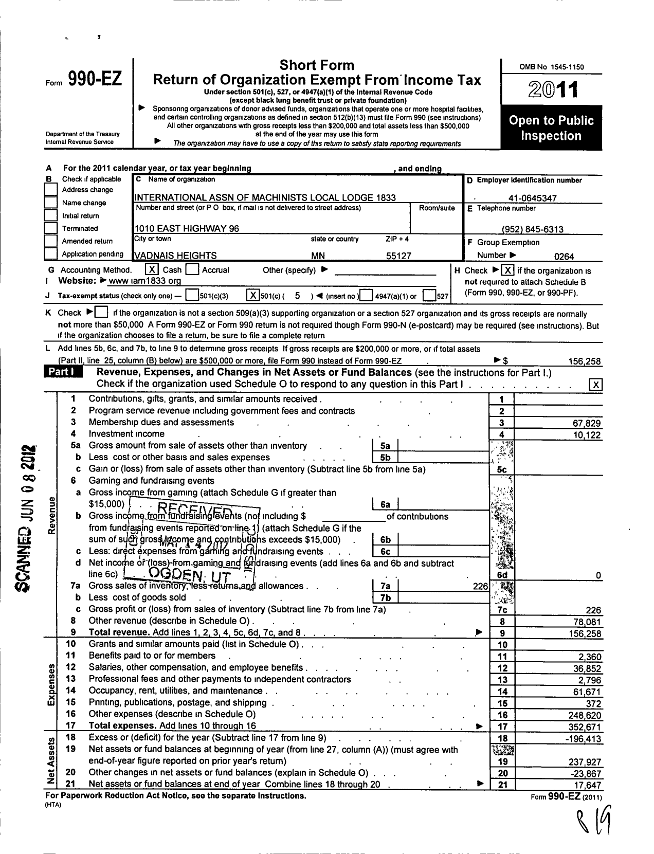 Image of first page of 2011 Form 990EO for International Association of Machinists and Aerospace Workers - 1833