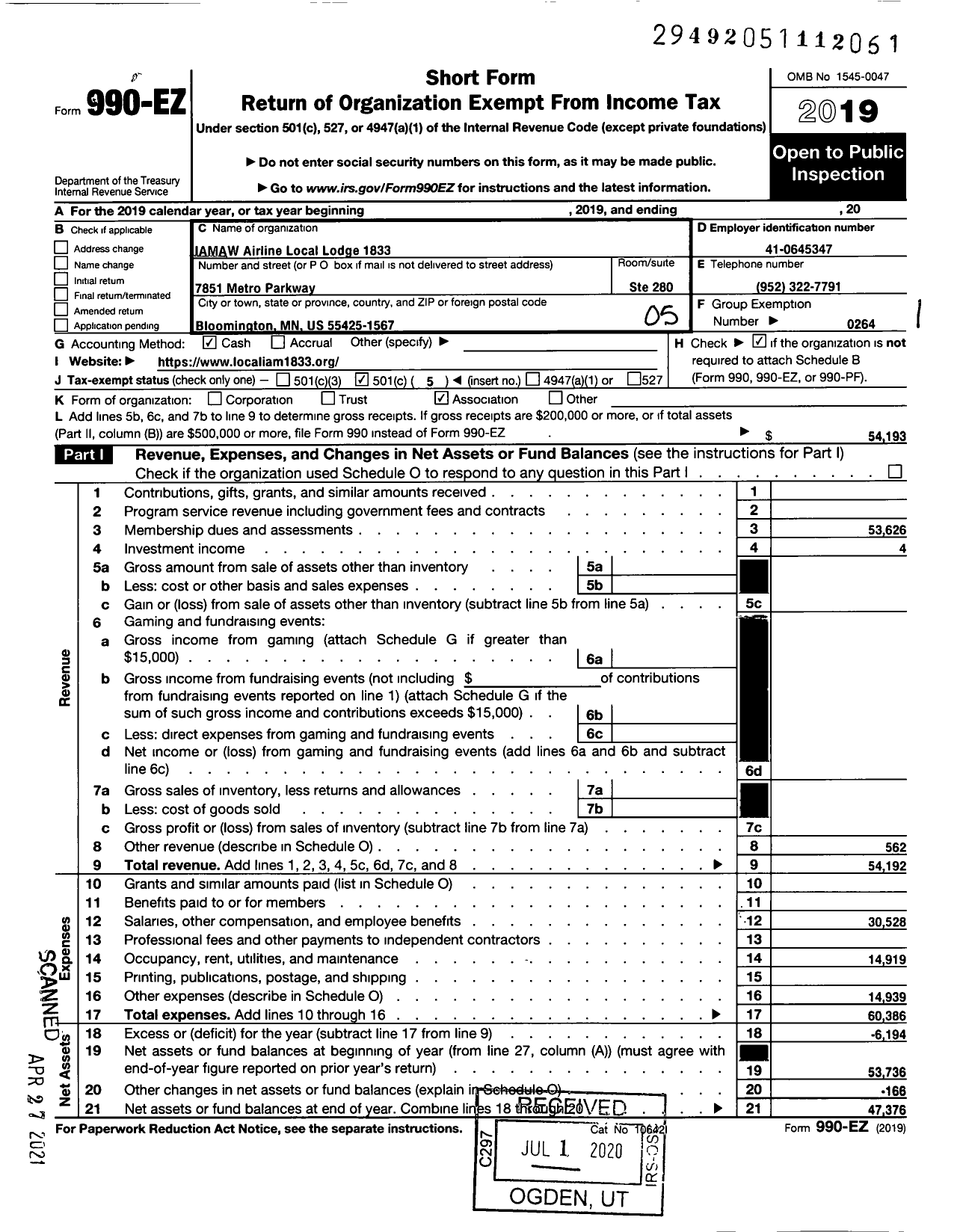 Image of first page of 2019 Form 990EO for International Association of Machinists and Aerospace Workers - 1833