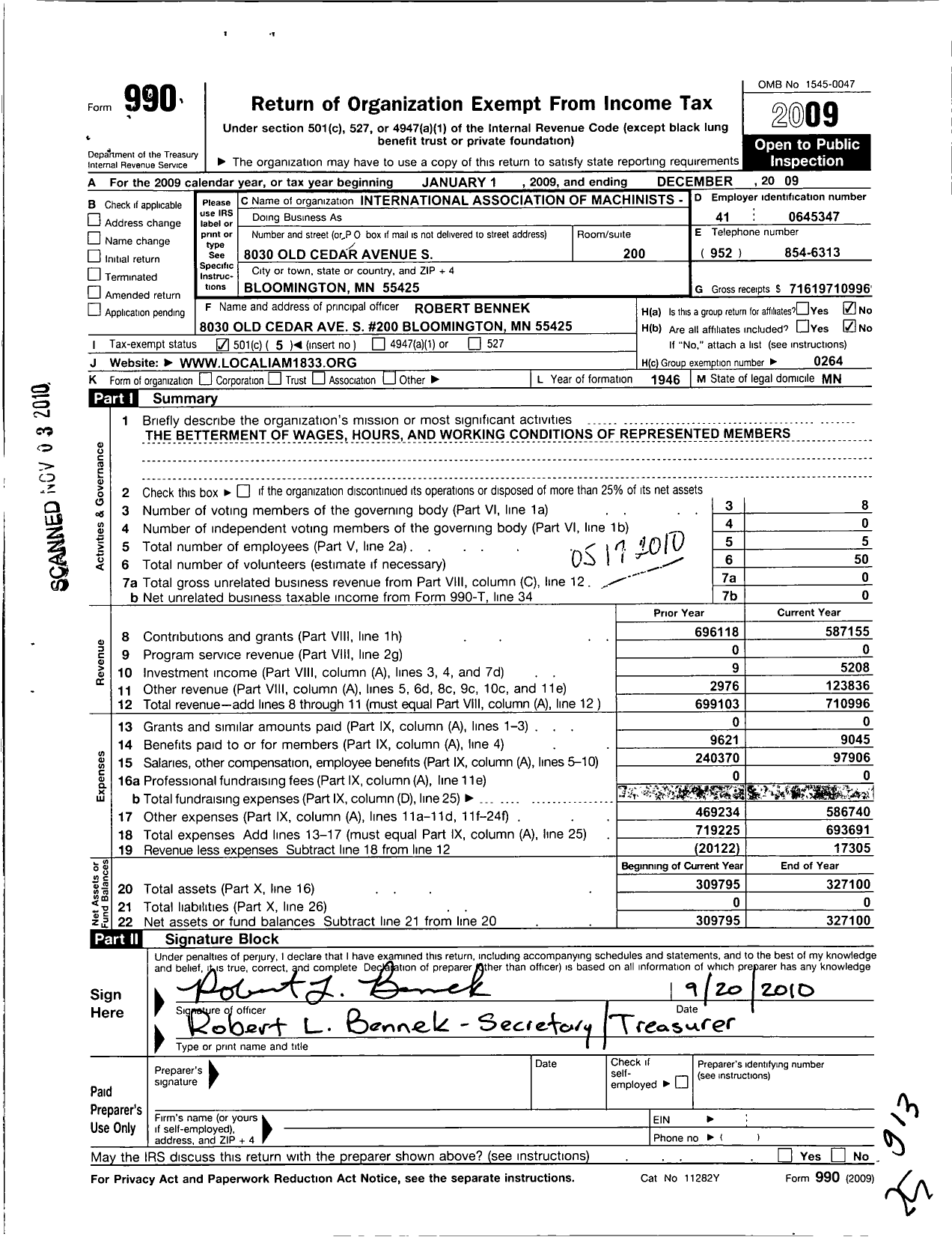 Image of first page of 2009 Form 990O for International Association of Machinists and Aerospace Workers - 1833