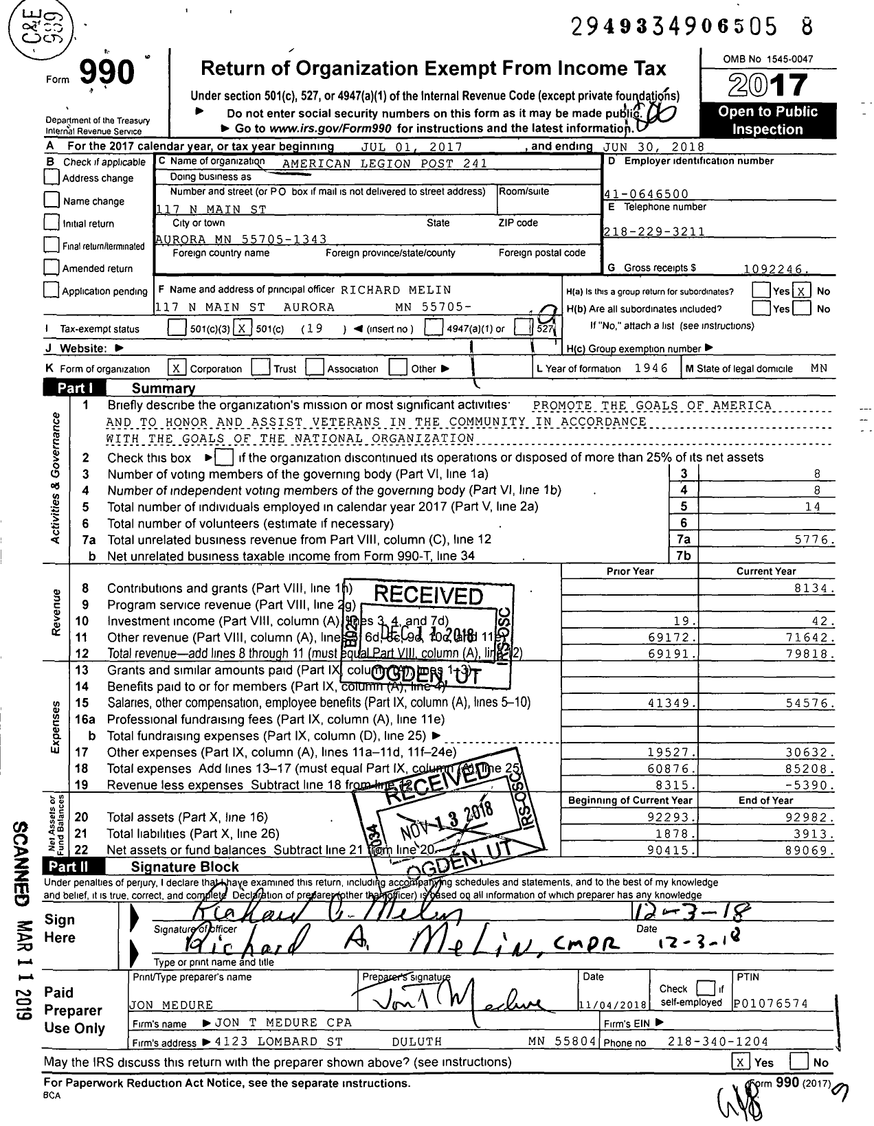 Image of first page of 2017 Form 990O for American Legion Post 241