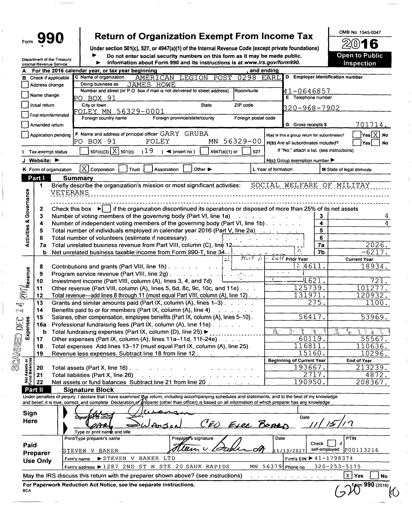 Image of first page of 2016 Form 990O for American Legion Post 0298 Earl James Howe