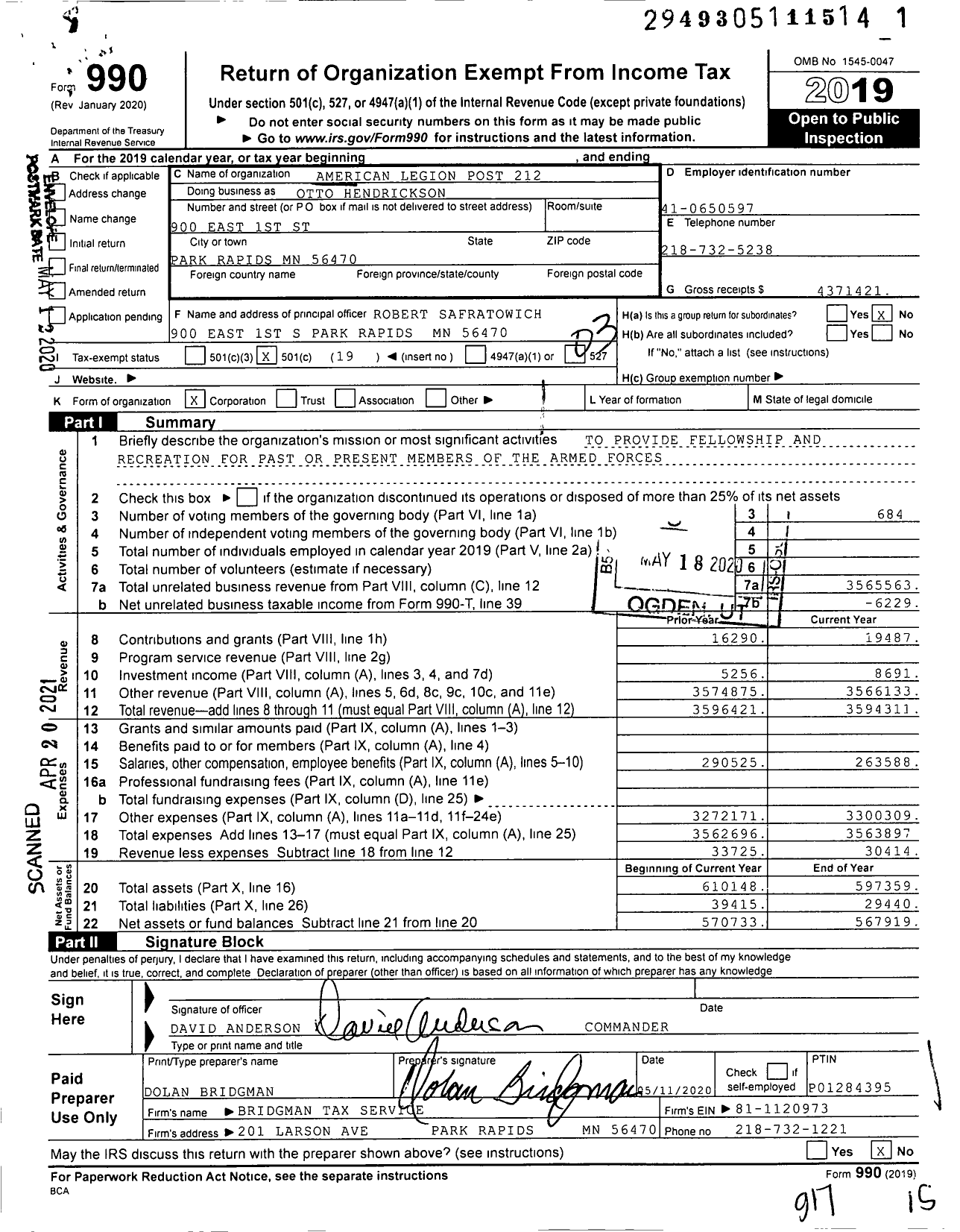 Image of first page of 2019 Form 990 for American Legion - Otto Hendrickson