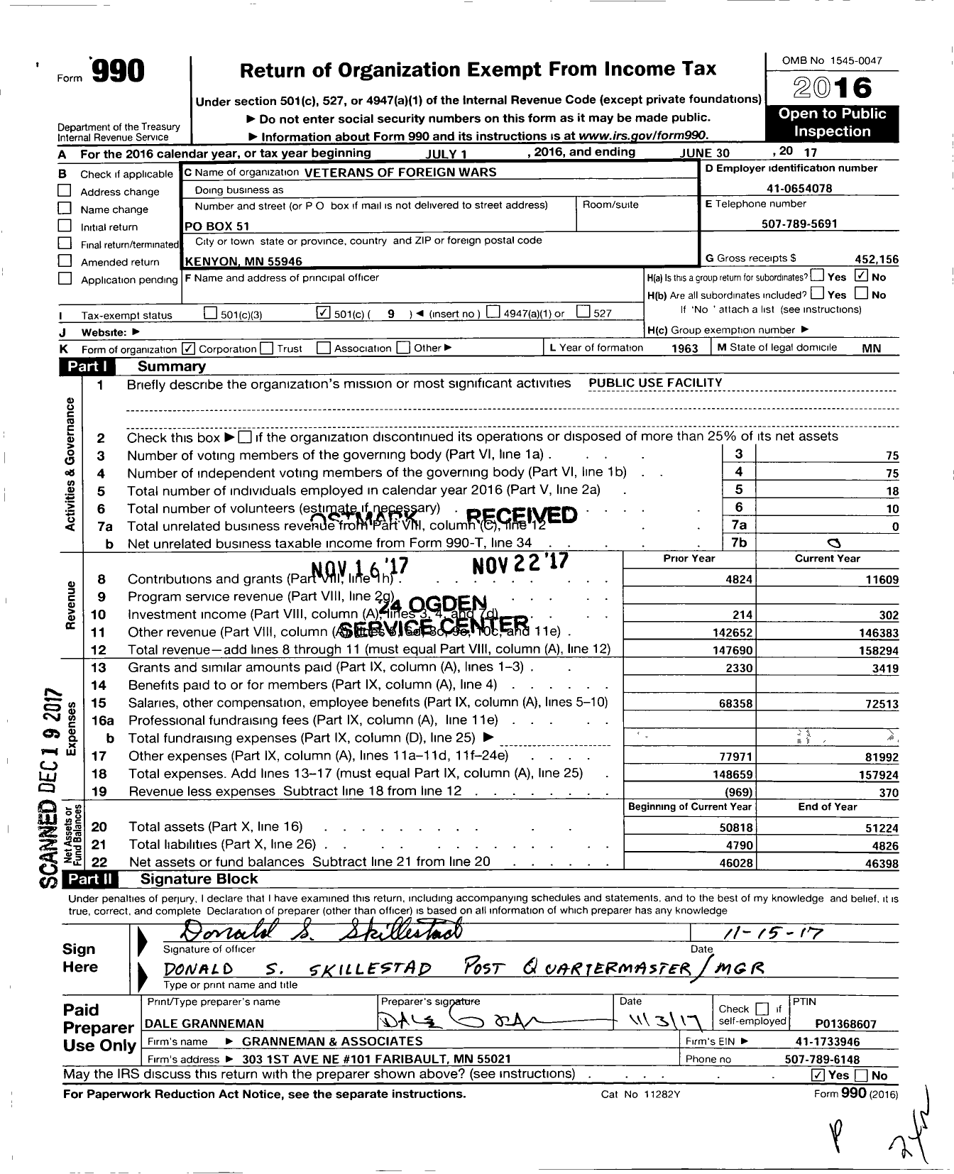 Image of first page of 2016 Form 990O for MN VFW - Veterans of Foreign Wars
