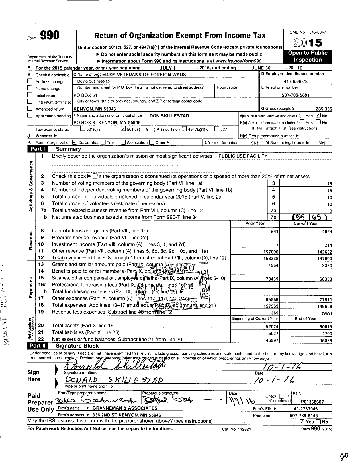 Image of first page of 2015 Form 990O for MN VFW - Veterans of Foreign Wars