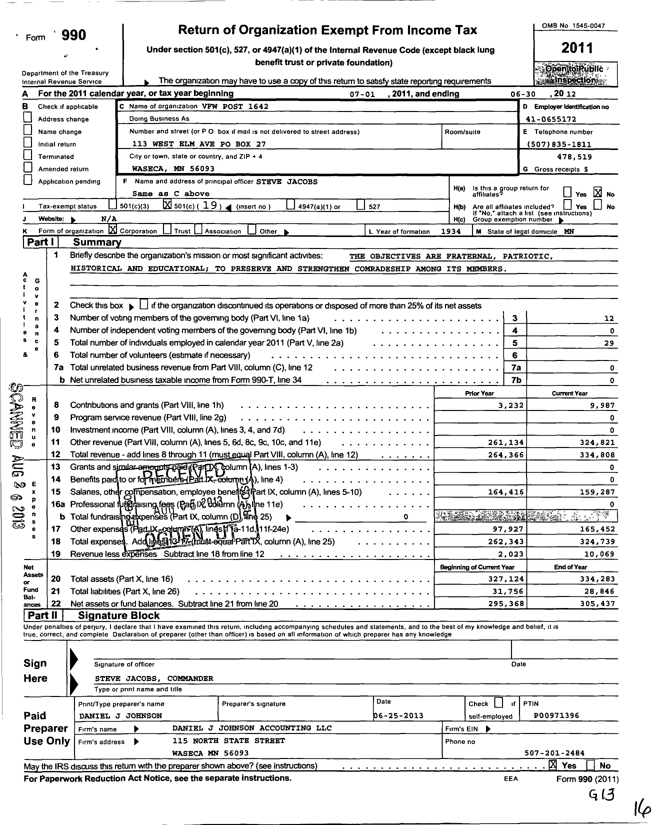 Image of first page of 2011 Form 990O for MN VFW - 1642 VFW-MN (1642 VFW-MN)