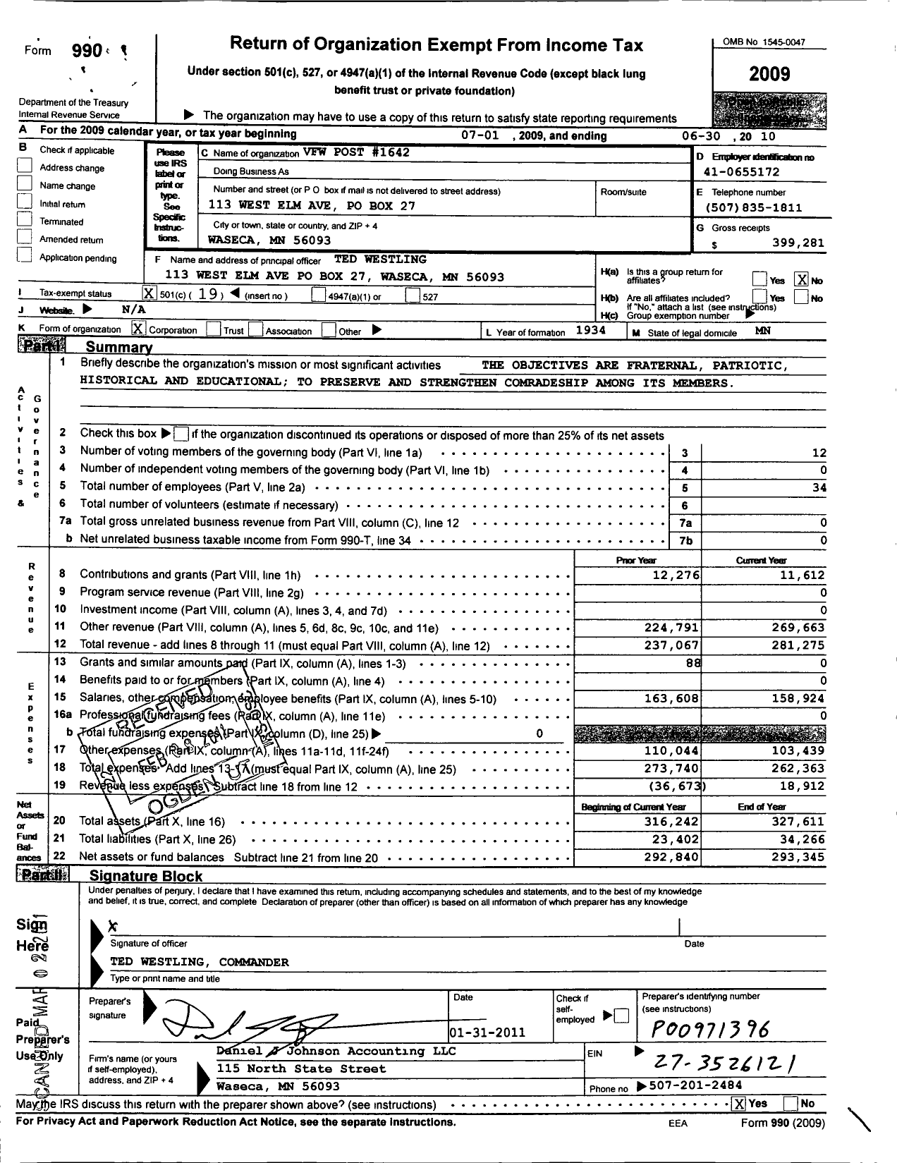 Image of first page of 2009 Form 990O for MN VFW - 1642 VFW-MN (1642 VFW-MN)