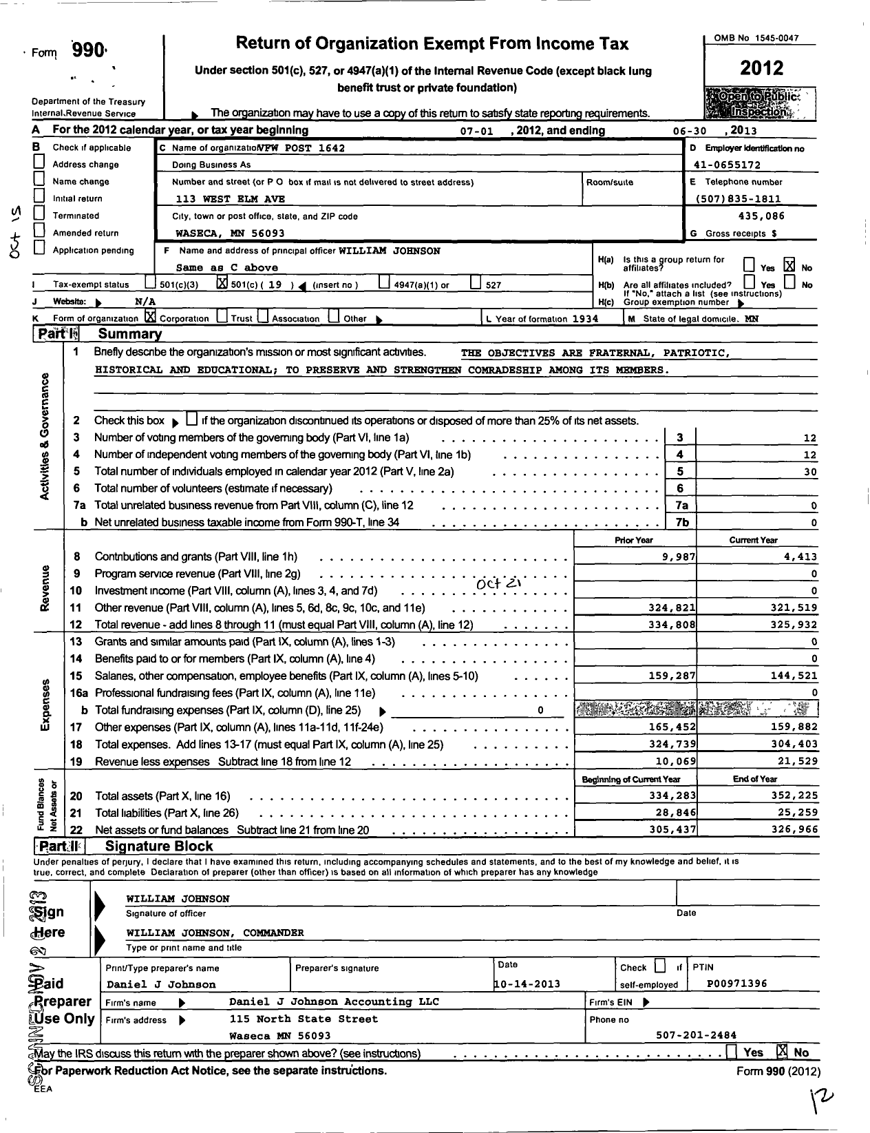 Image of first page of 2012 Form 990O for MN VFW - 1642 VFW-MN (1642 VFW-MN)