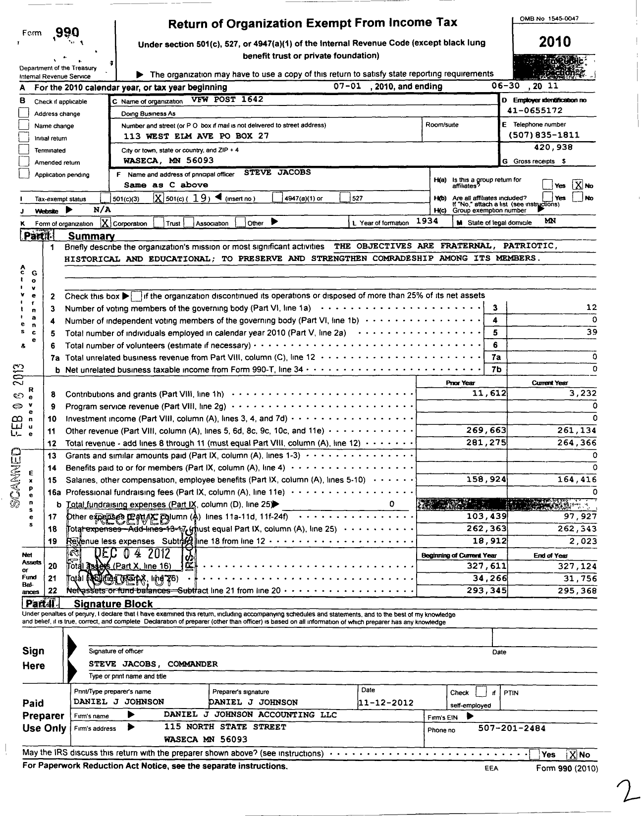 Image of first page of 2010 Form 990O for MN VFW - 1642 VFW-MN (1642 VFW-MN)