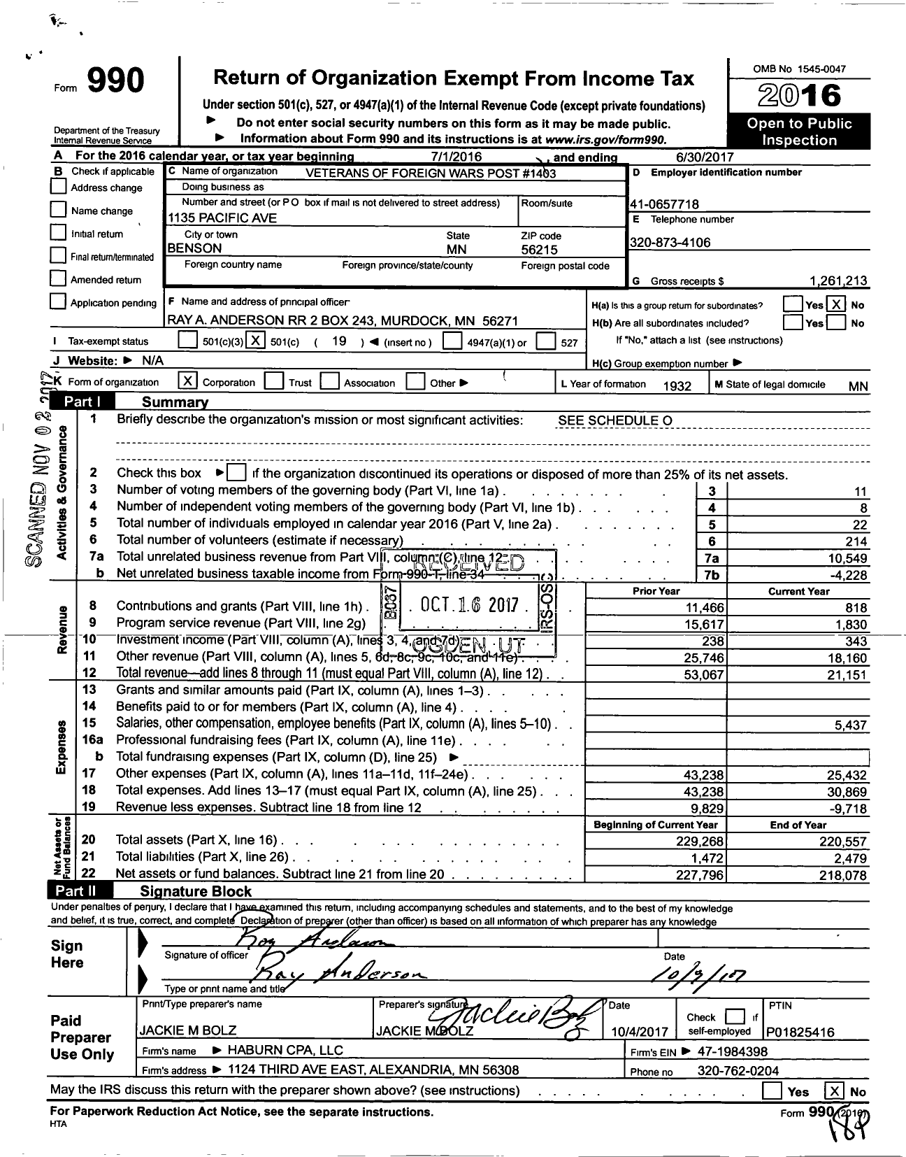 Image of first page of 2016 Form 990O for MN VFW - 1403 VFW-MN (1403 VFW-MN)