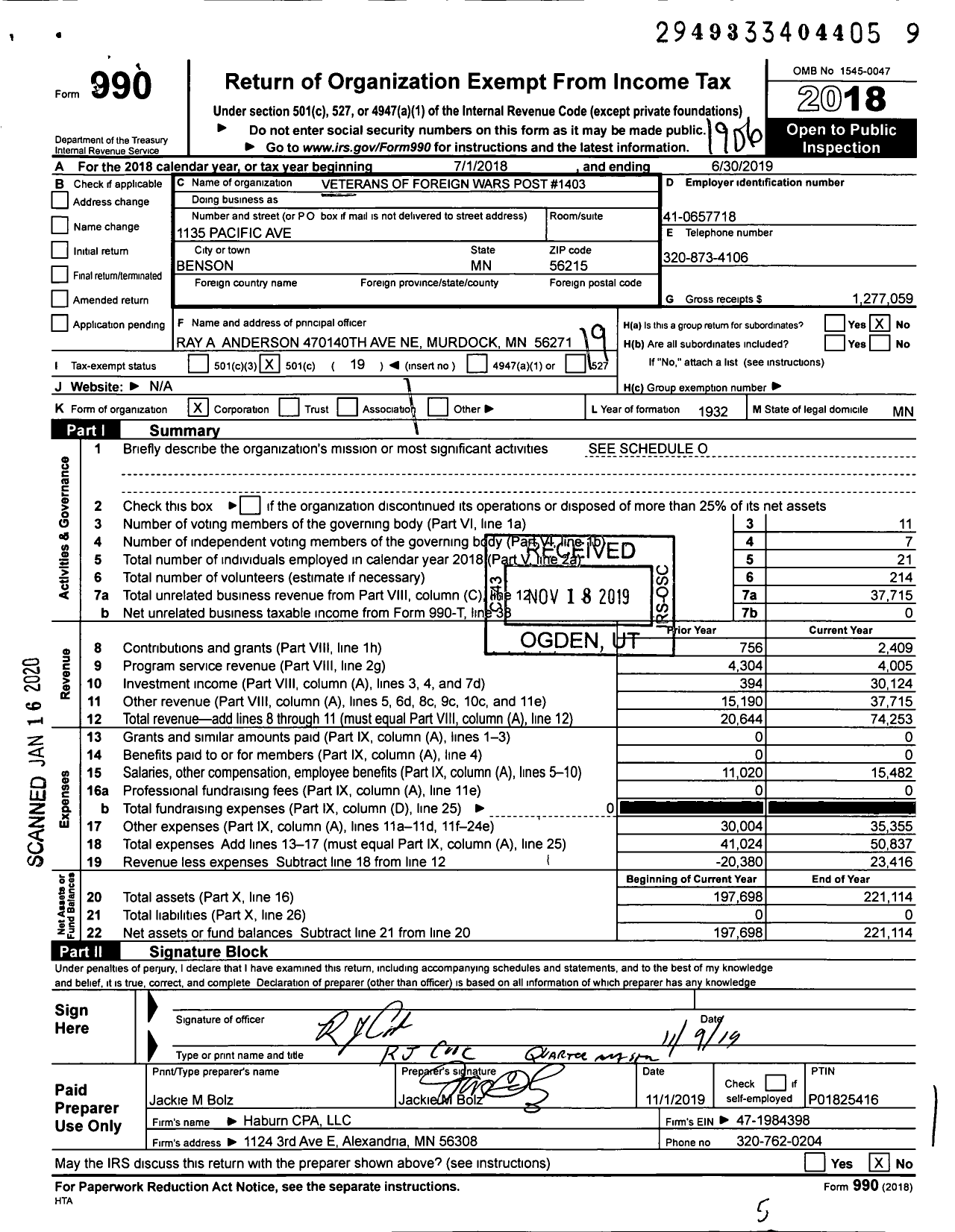Image of first page of 2018 Form 990O for MN VFW - 1403 VFW-MN (1403 VFW-MN)