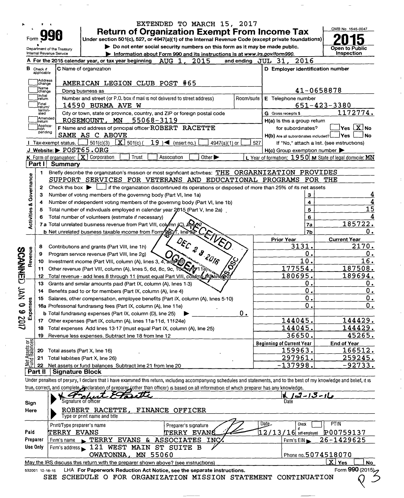 Image of first page of 2015 Form 990O for American Legion Club Post 65