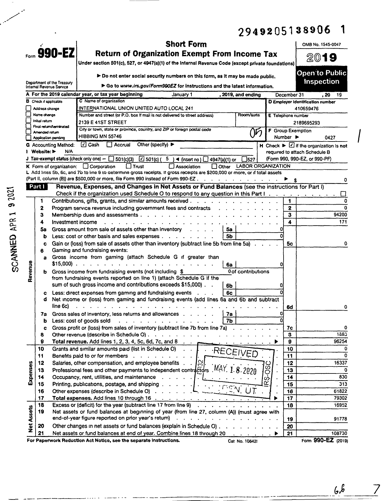 Image of first page of 2019 Form 990EO for Uaw - 241 Local