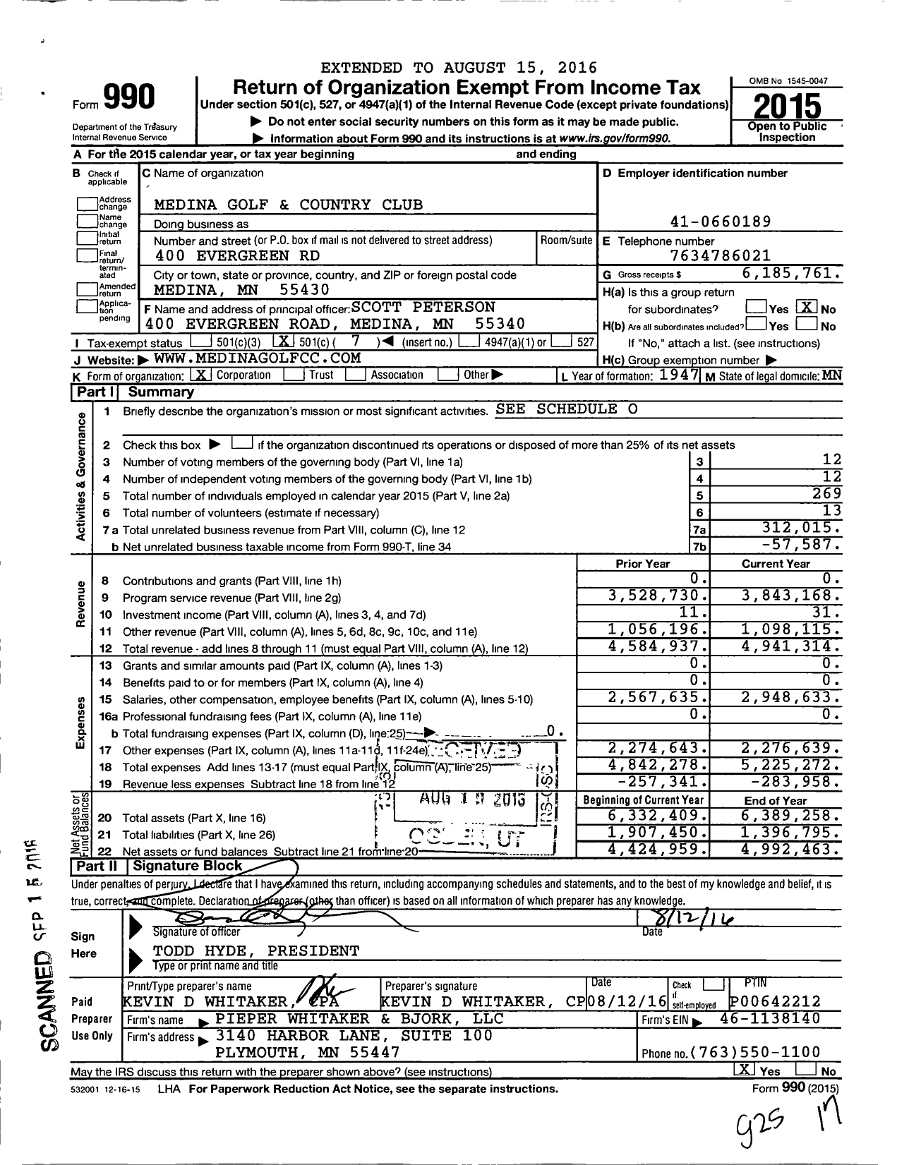 Image of first page of 2015 Form 990O for Medina Golf and Country Club