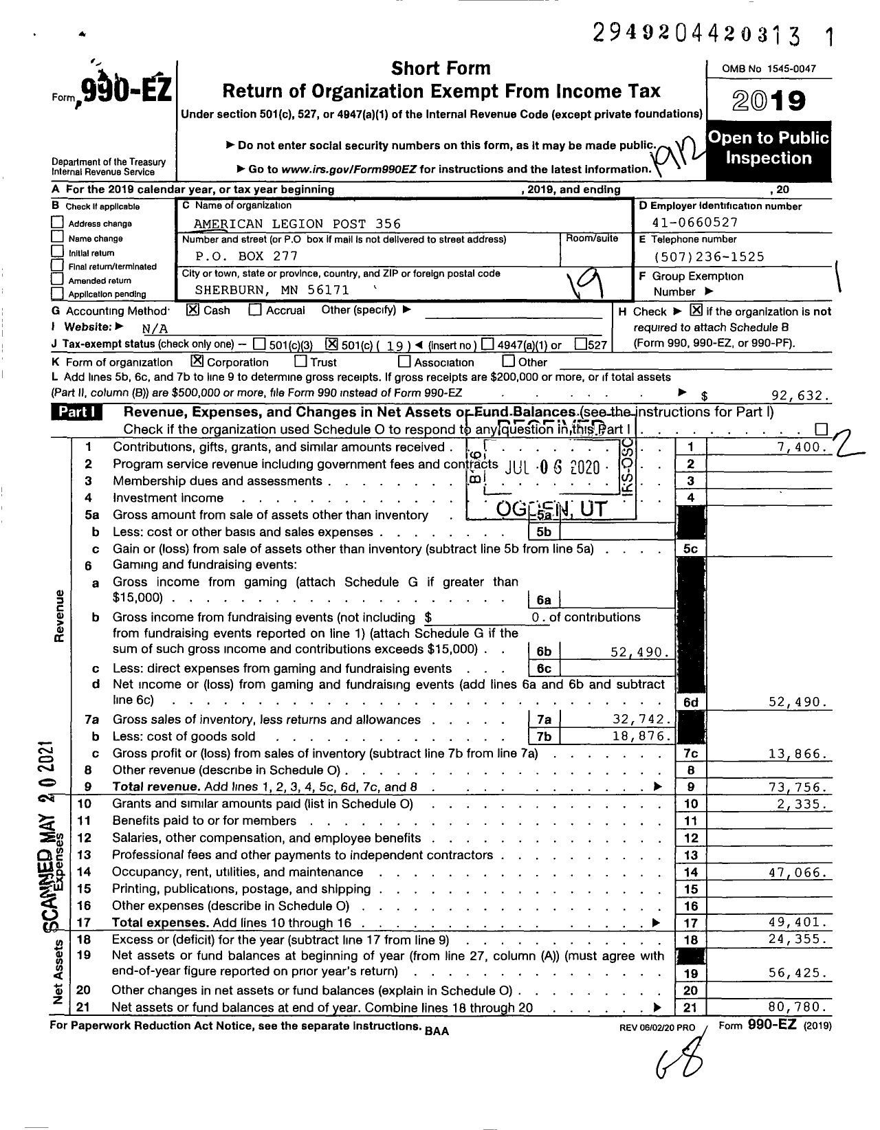 Image of first page of 2019 Form 990EO for American Legion - 356 Sherburn Post