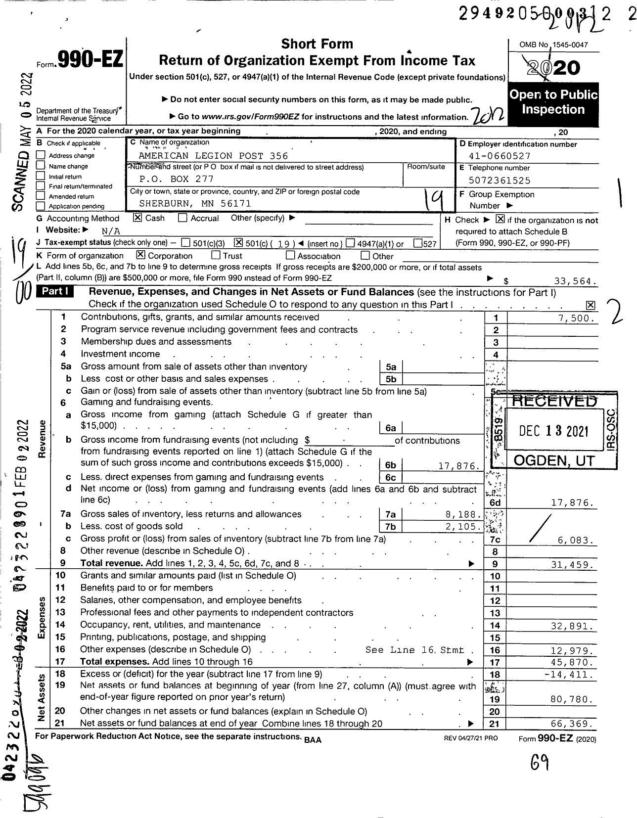 Image of first page of 2020 Form 990EO for American Legion - 356 Sherburn Post