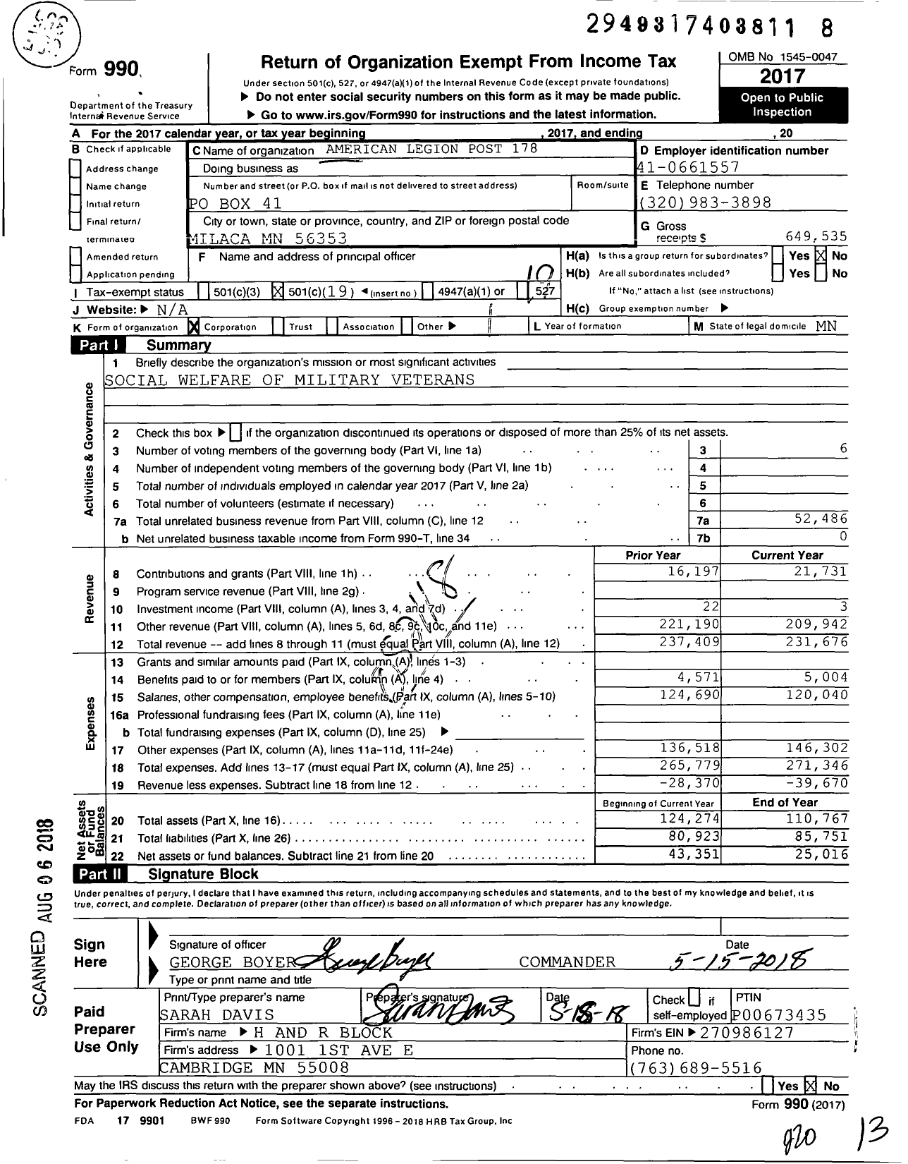 Image of first page of 2017 Form 990O for American Legion - 0178 Hansen-Hayes Post