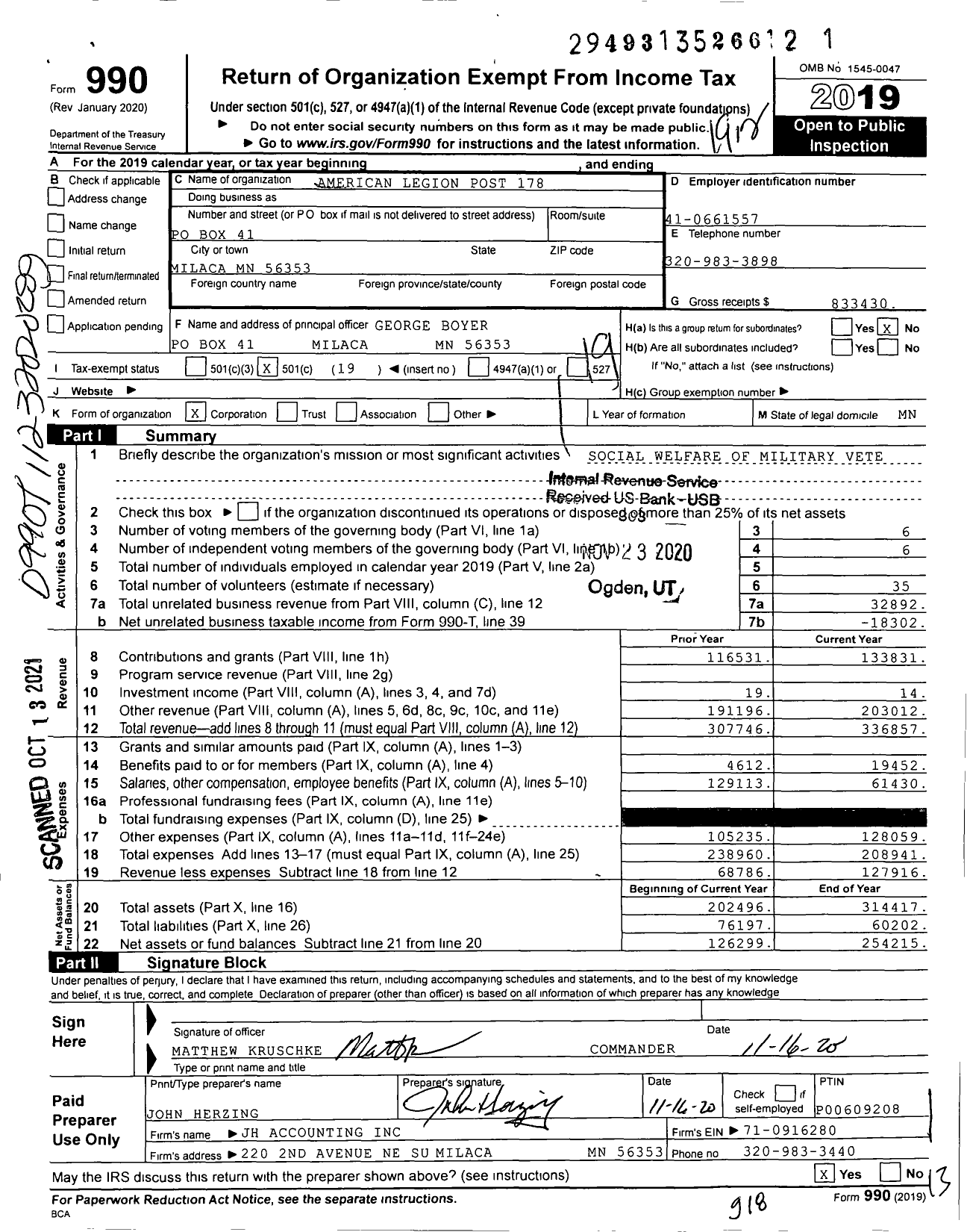 Image of first page of 2019 Form 990O for American Legion - 0178 Hansen-Hayes Post