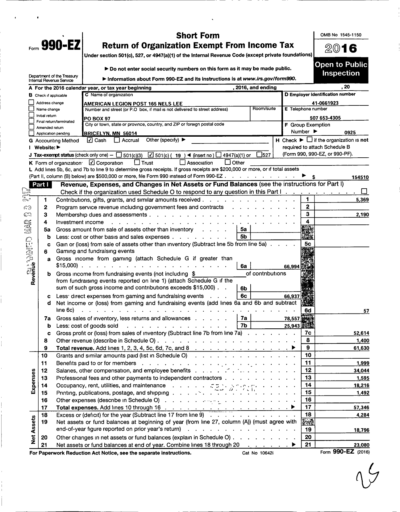 Image of first page of 2016 Form 990EO for American Legion Post 165 Nels Lee