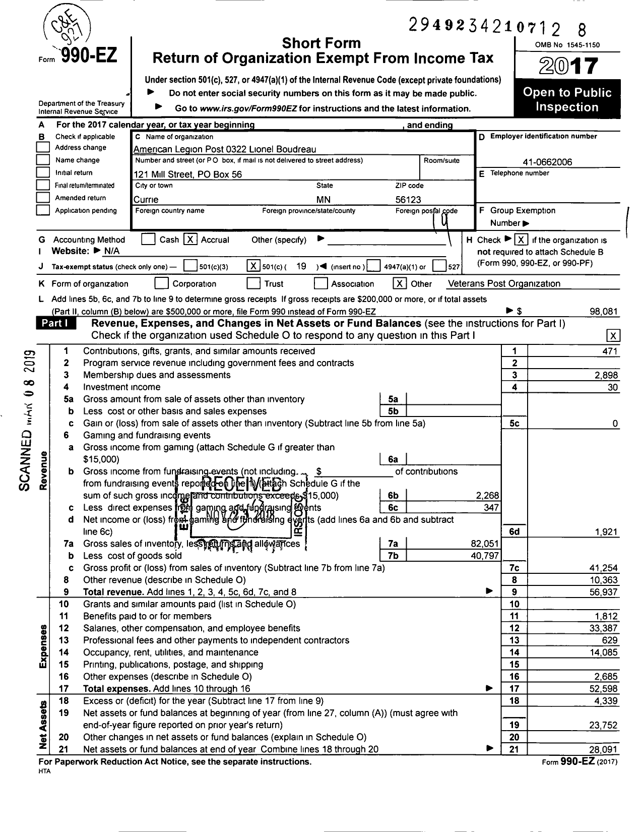 Image of first page of 2017 Form 990EO for American Legion - 0322 Lionel Boudreau Post MN