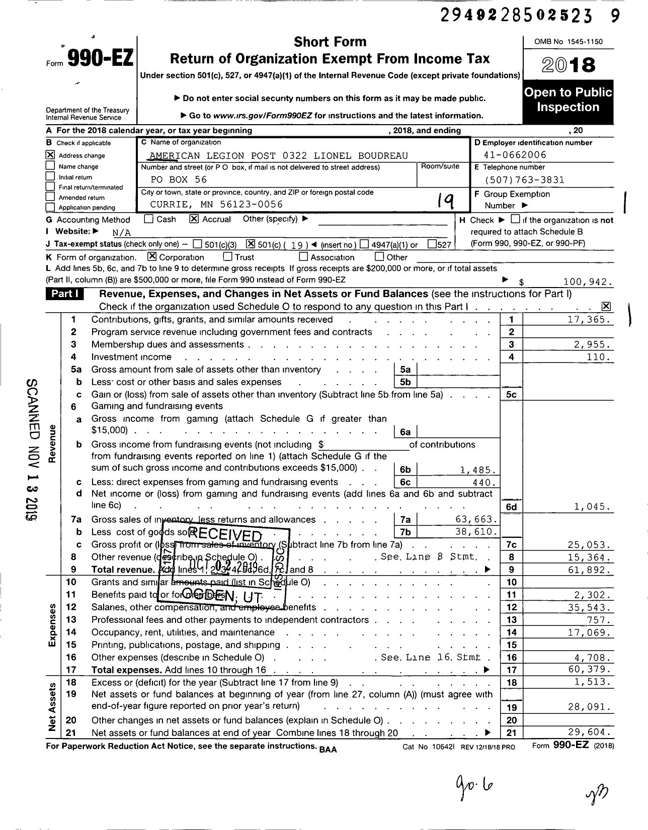 Image of first page of 2018 Form 990EO for American Legion - 0322 Lionel Boudreau Post MN