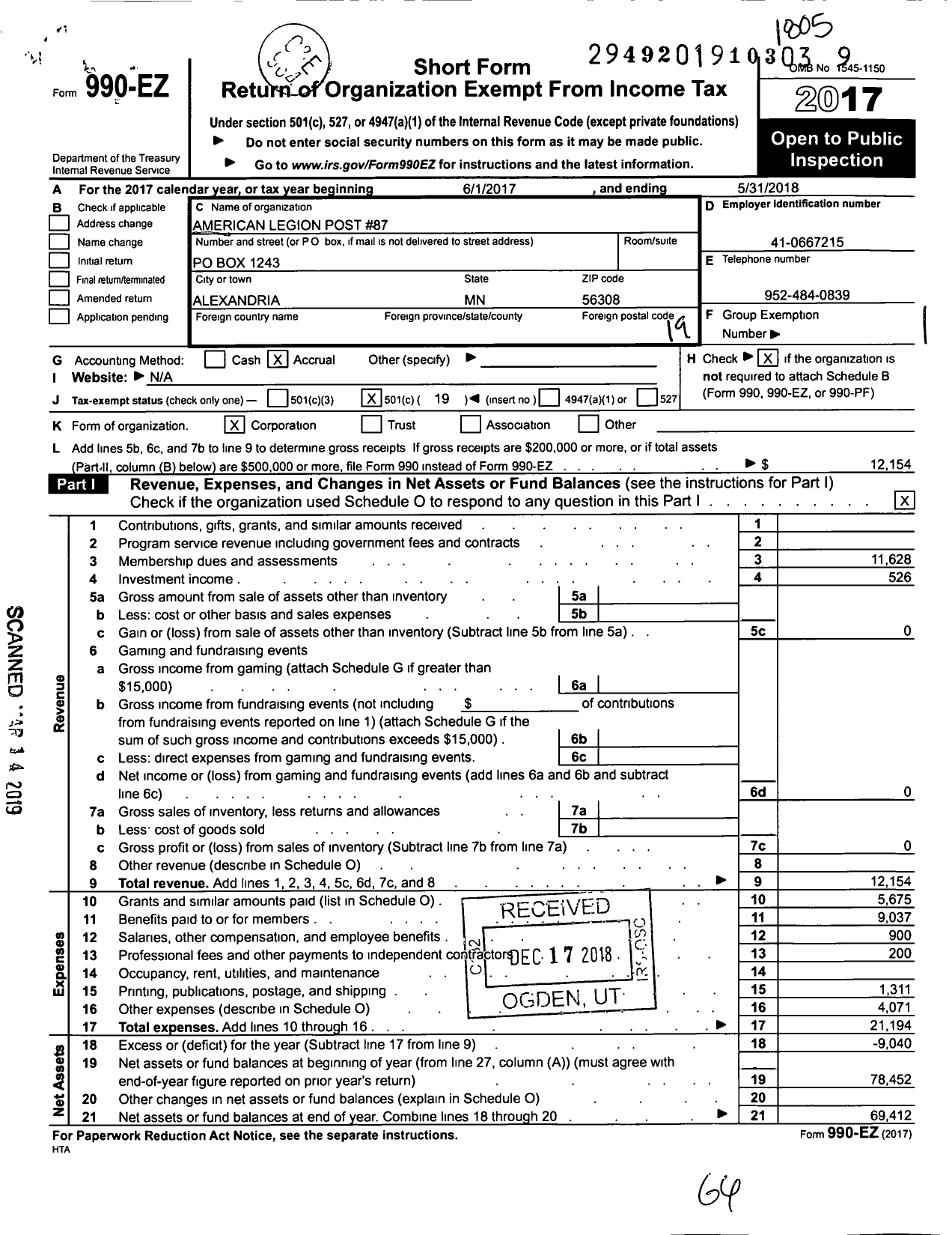 Image of first page of 2017 Form 990EO for American Legion - 0087 Alexandria Post