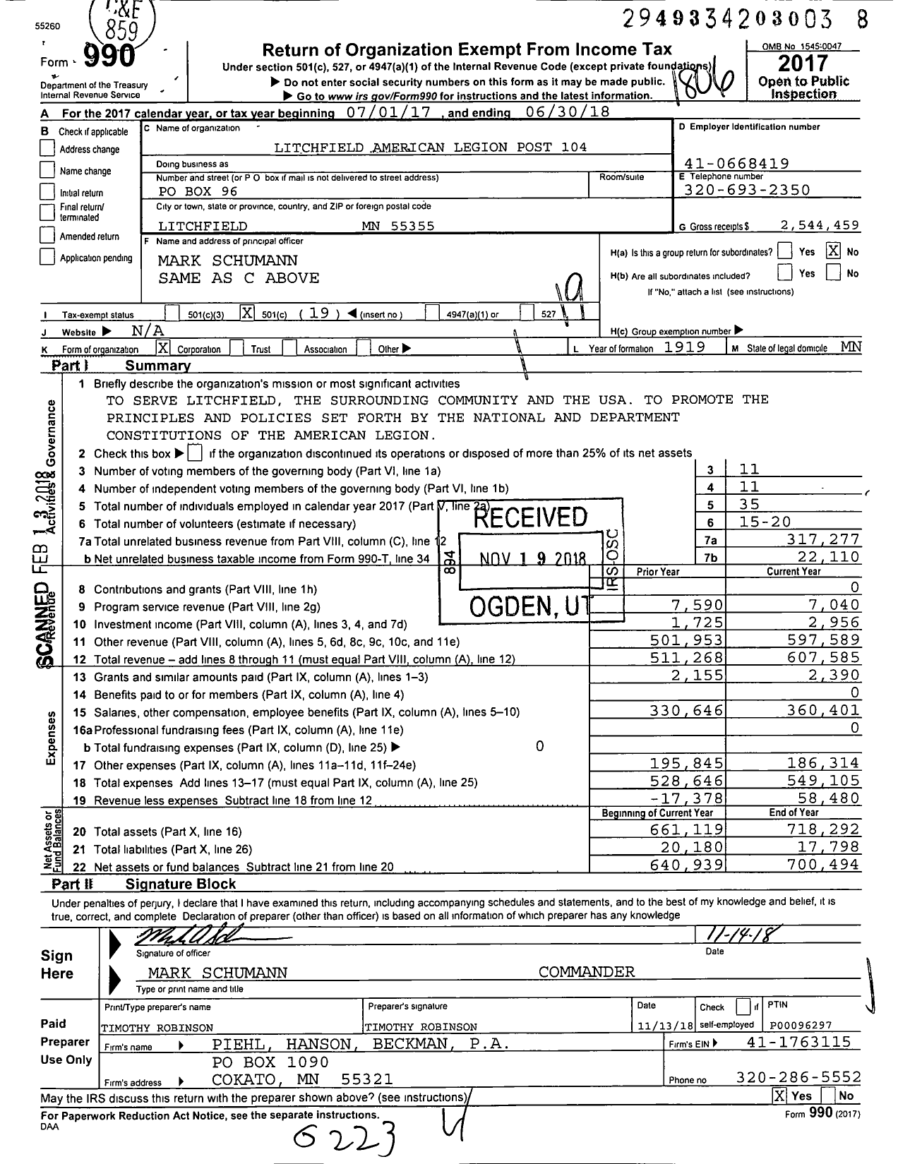 Image of first page of 2017 Form 990O for American Legion - 0104 Nelsan-Horton