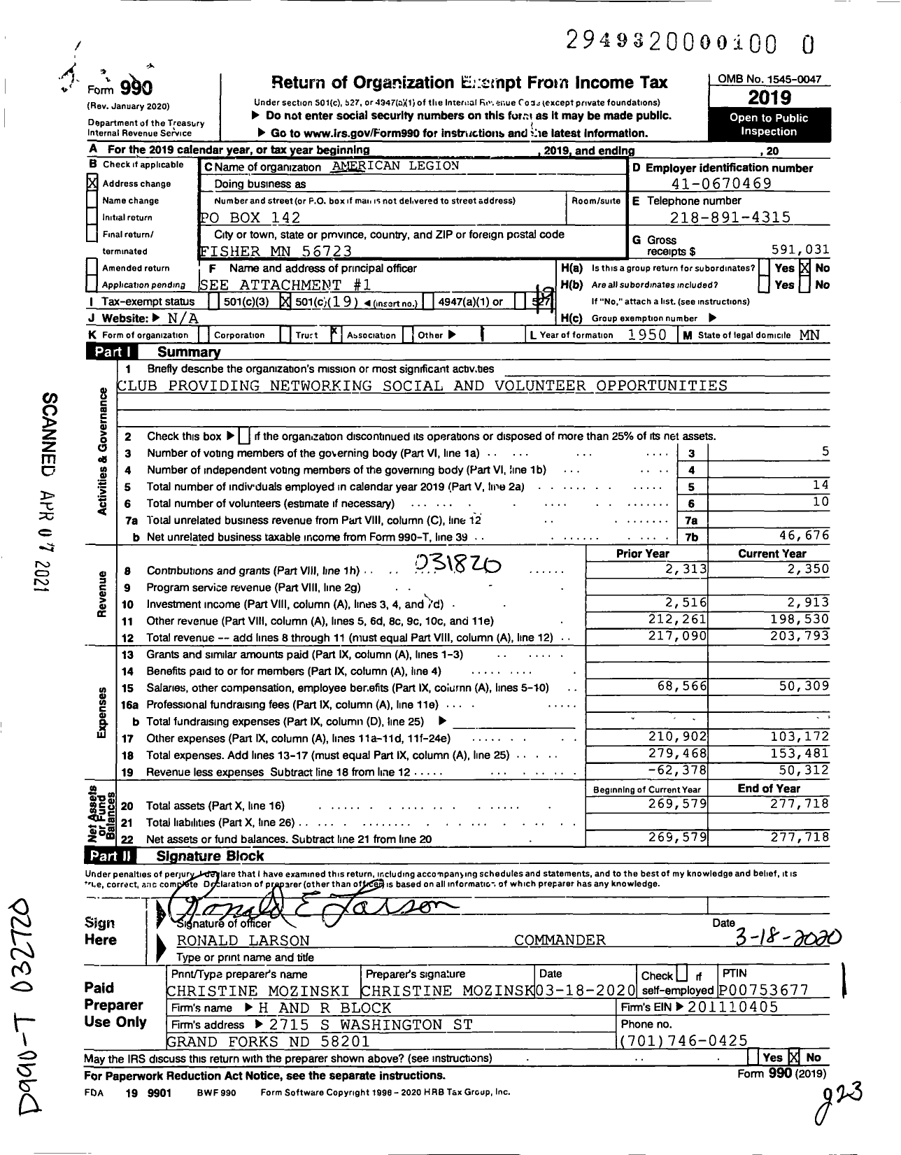 Image of first page of 2019 Form 990O for American Legion - 242 Theodore Stalemo