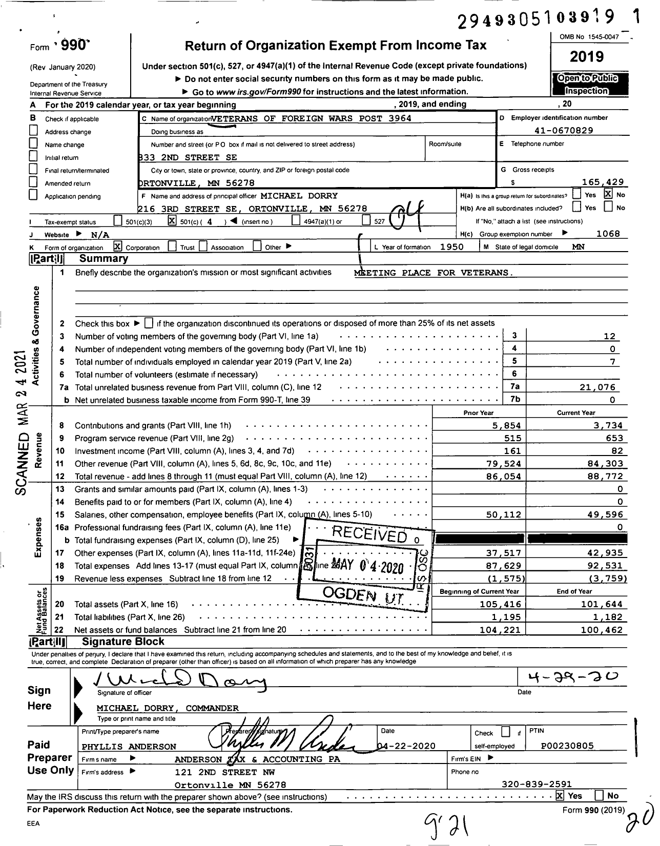Image of first page of 2019 Form 990O for MN VFW - 3964 VFW-MN (3964 VFW-MN)