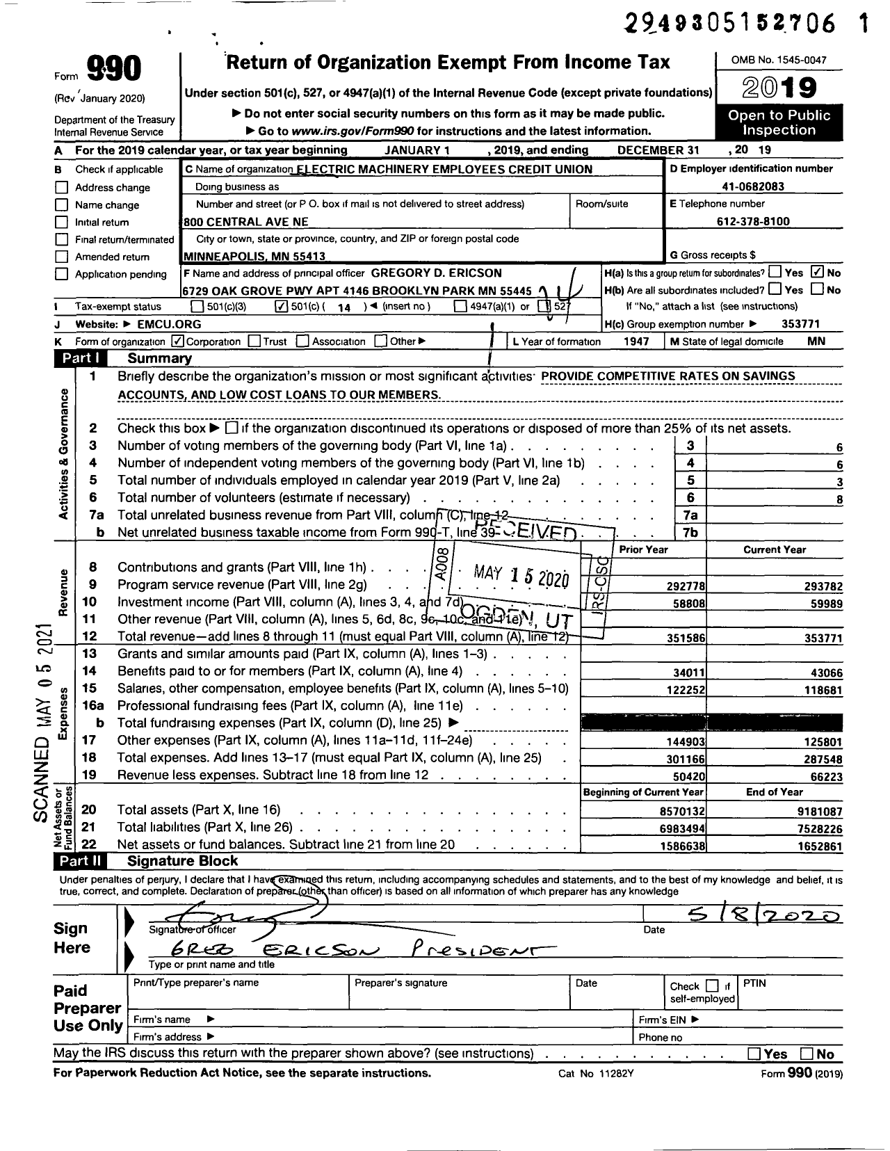 Image of first page of 2019 Form 990O for Electric Machinery Employees Credit Union