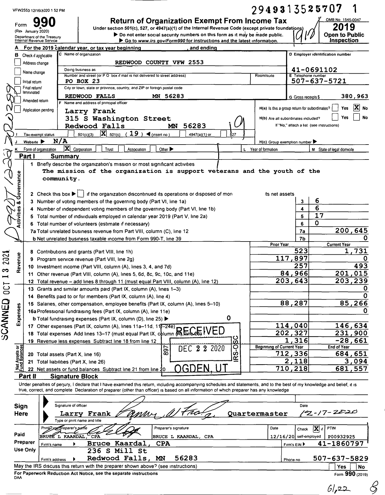 Image of first page of 2019 Form 990O for MN VFW - Redwood County VFW Post 2553