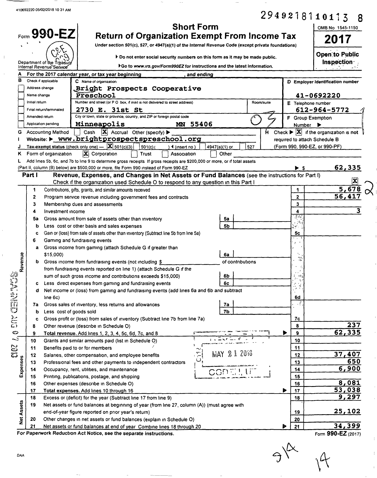 Image of first page of 2017 Form 990EZ for Bright Prospects Cooperative Preschool