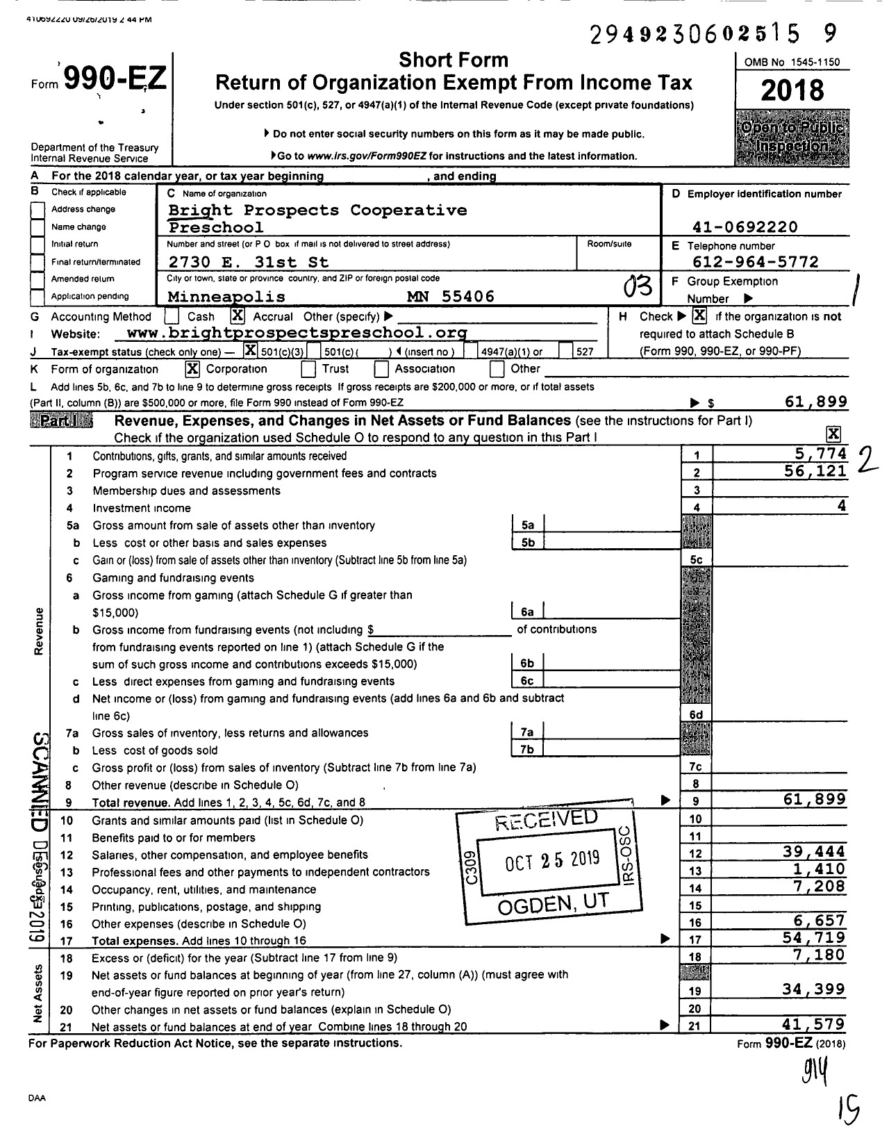 Image of first page of 2018 Form 990EZ for Bright Prospects Cooperative Preschool