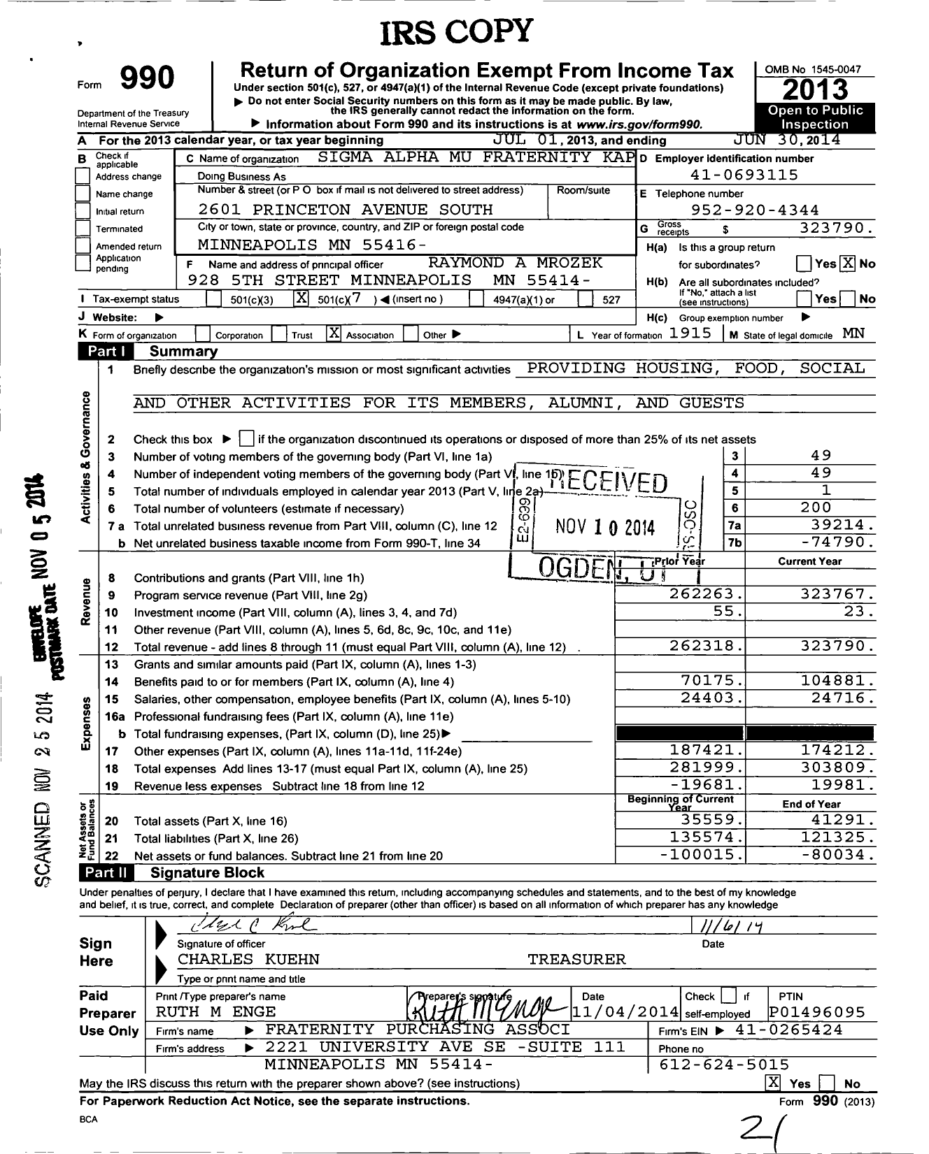 Image of first page of 2013 Form 990O for Sigma Alpha Mu Fraternity Kapp