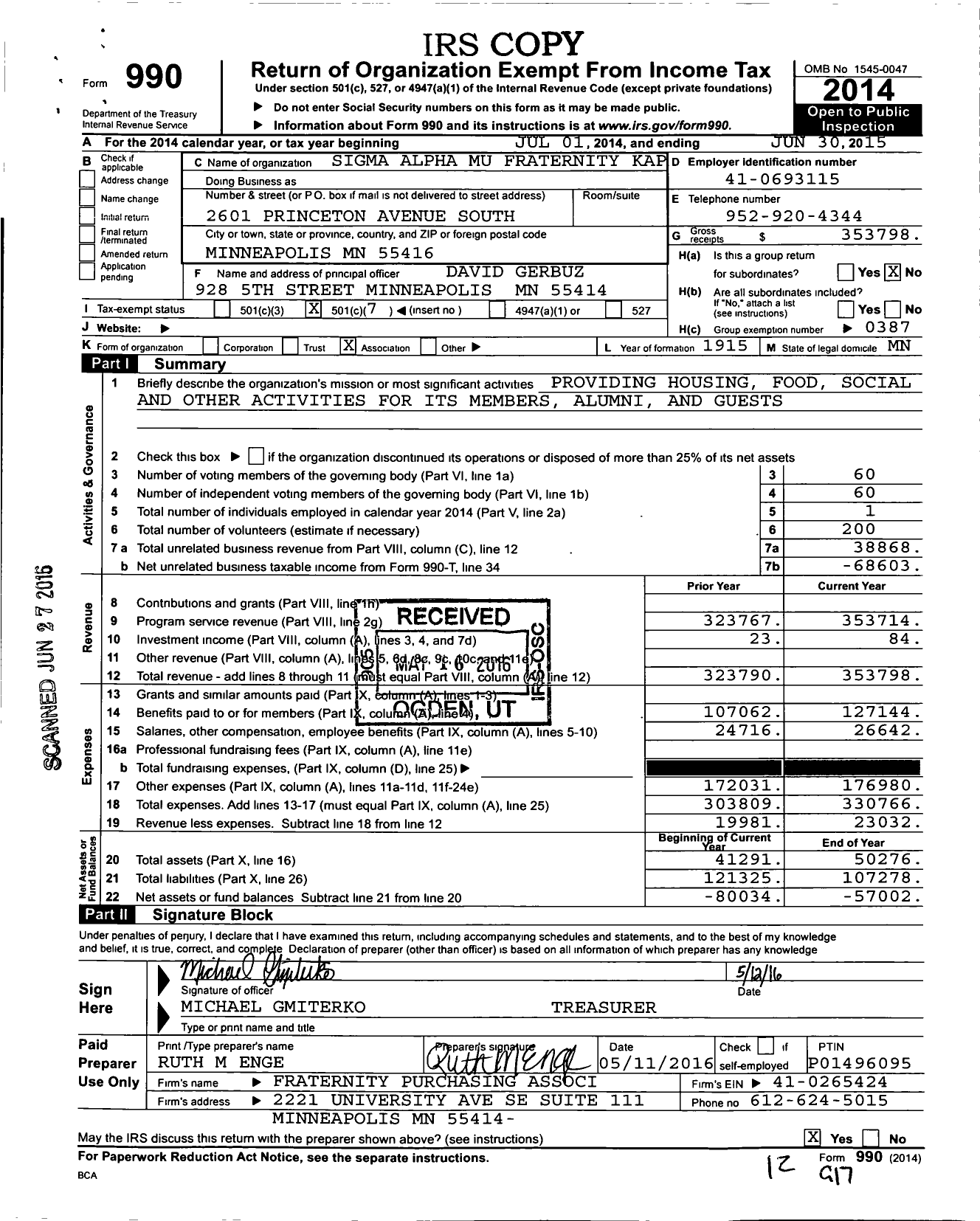 Image of first page of 2014 Form 990O for Sigma Alpha Mu Fraternity Kapp