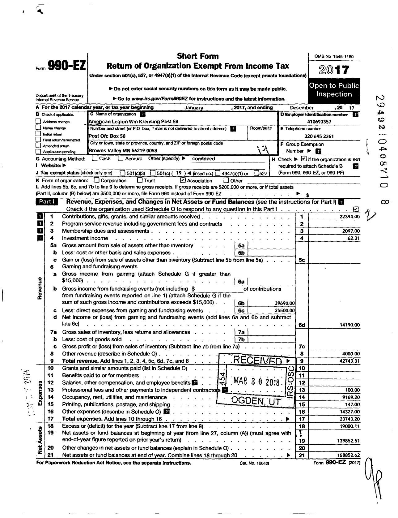 Image of first page of 2017 Form 990EO for American Legion - 0058 William Krensing