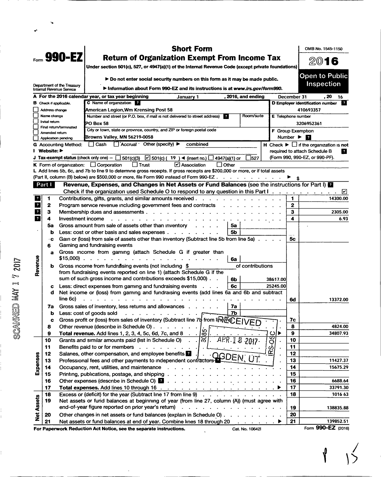 Image of first page of 2016 Form 990EO for American Legion - 0058 William Krensing