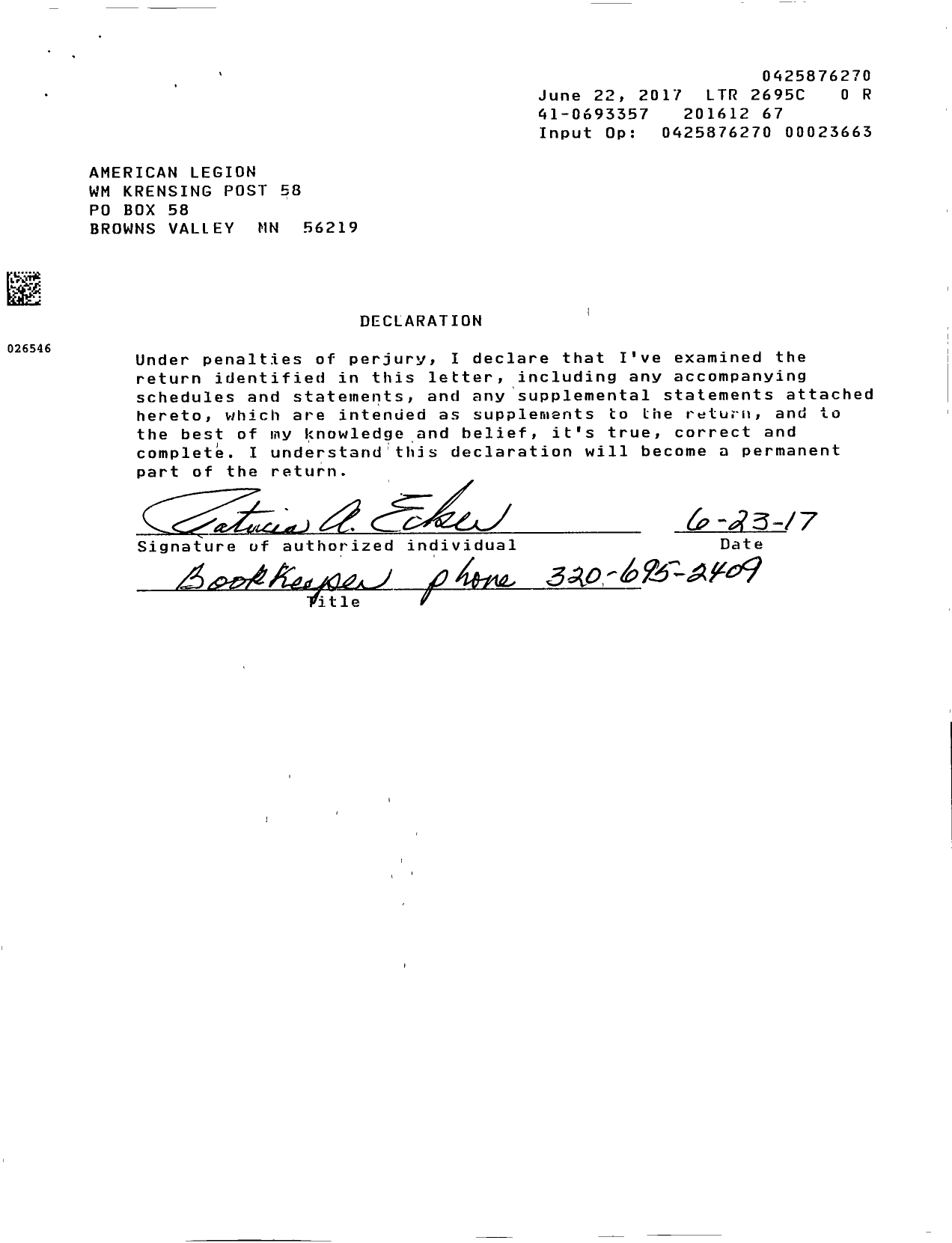 Image of first page of 2016 Form 990ER for American Legion - 0058 William Krensing