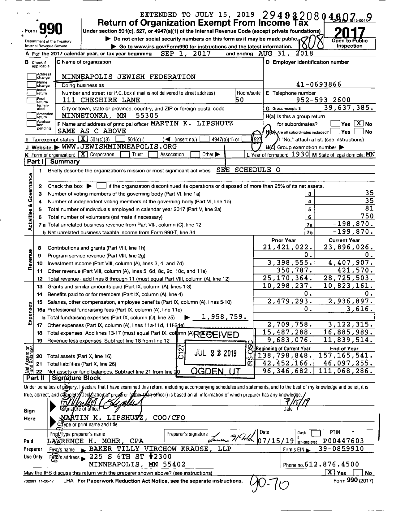 Image of first page of 2017 Form 990 for Minneapolis Jewish Federation