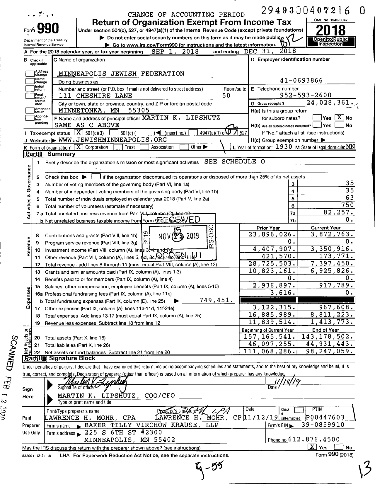 Image of first page of 2018 Form 990 for Minneapolis Jewish Federation