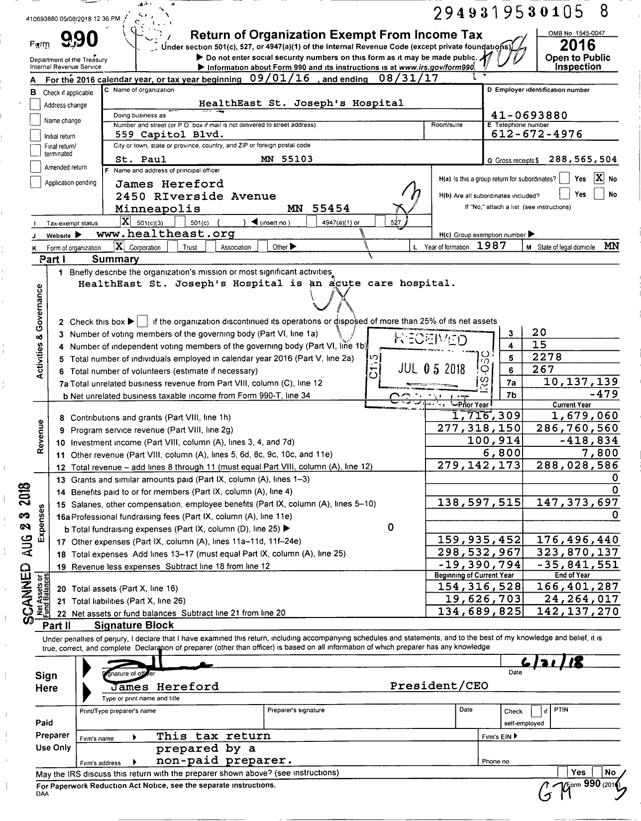 Image of first page of 2016 Form 990 for Healtheast St Joseph's Hospital