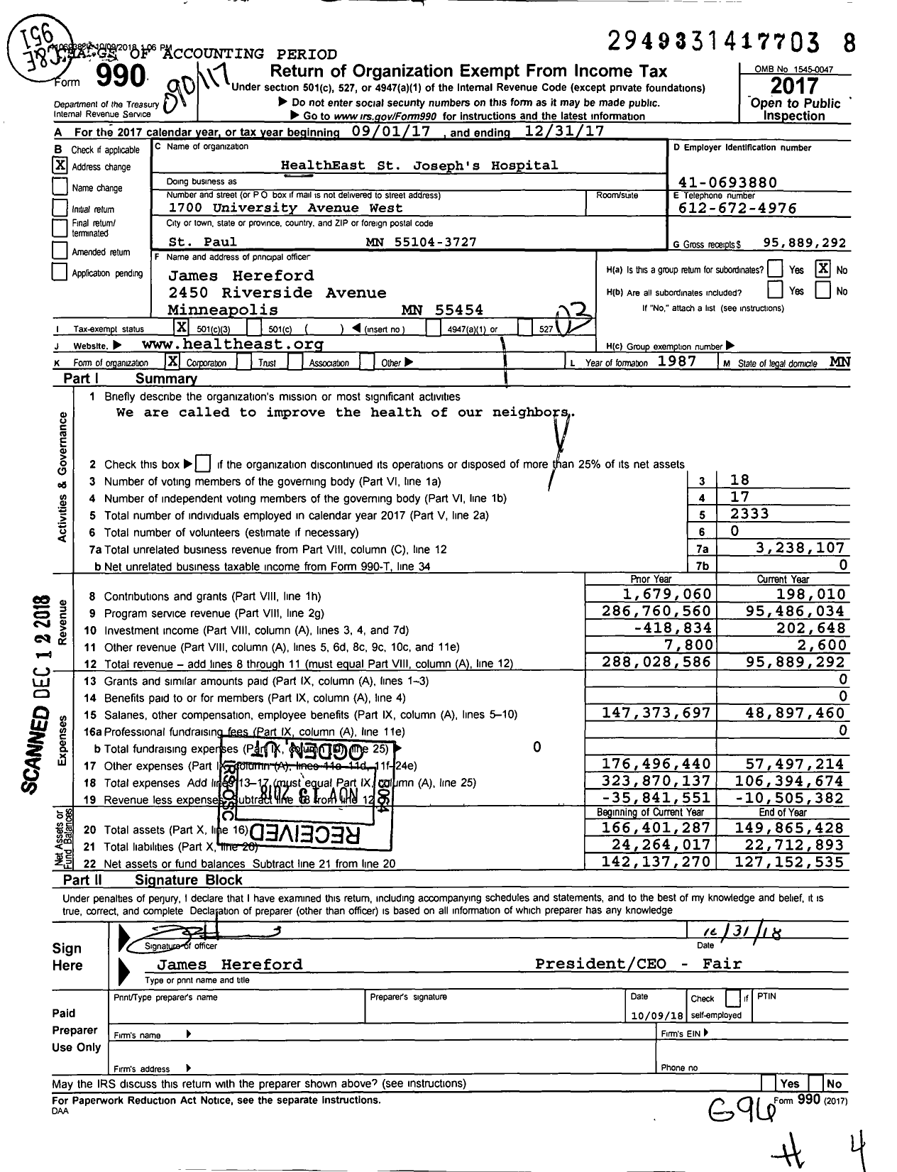 Image of first page of 2017 Form 990 for Healtheast St Joseph's Hospital