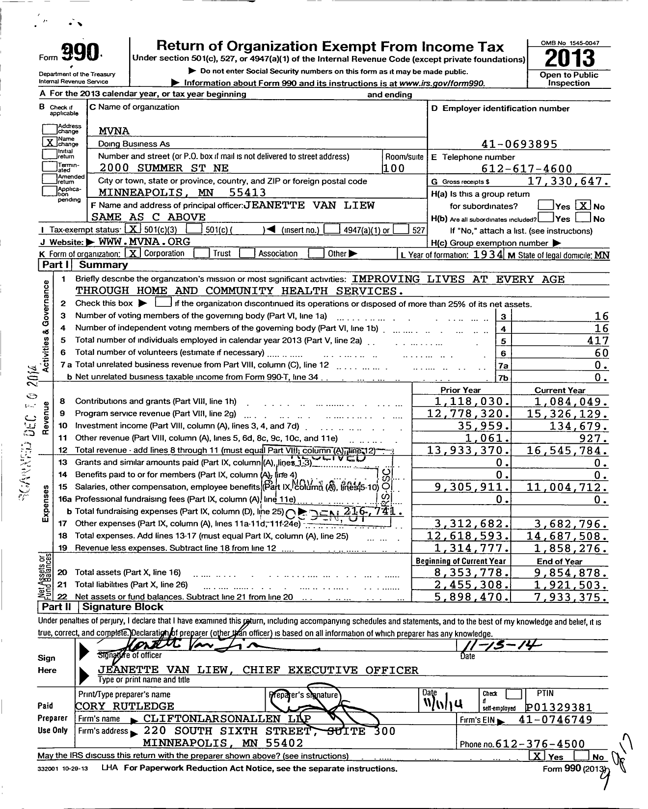 Image of first page of 2013 Form 990 for Minnesota Visiting Nurse Agency (MVNA)