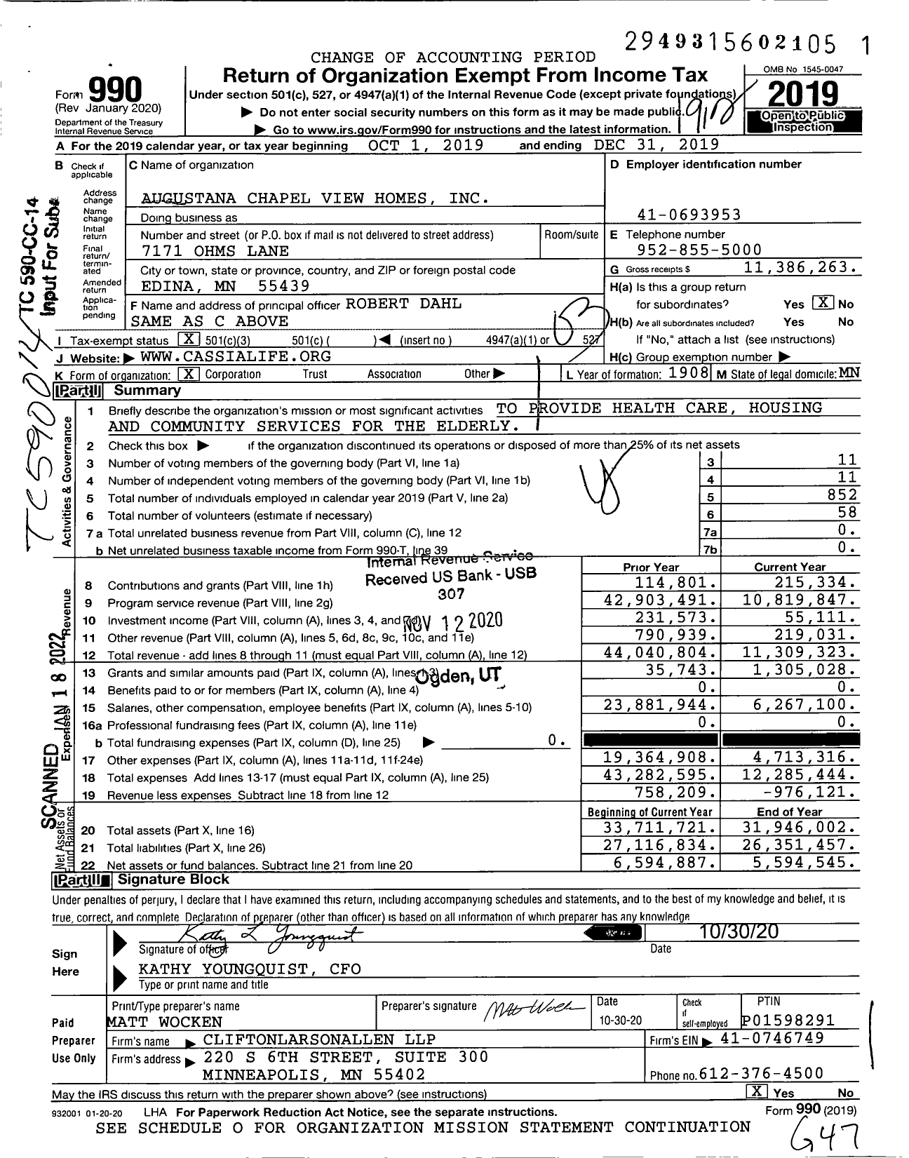 Image of first page of 2019 Form 990 for Augustana Chapel View Homes