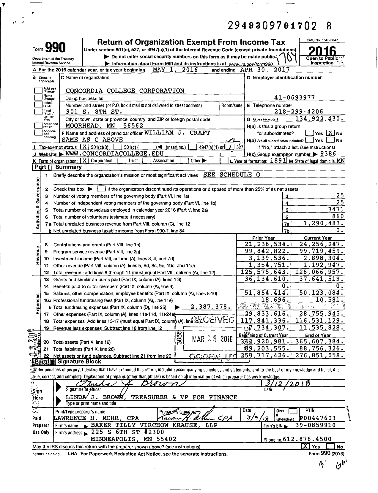 Image of first page of 2016 Form 990 for Concordia College Corporation