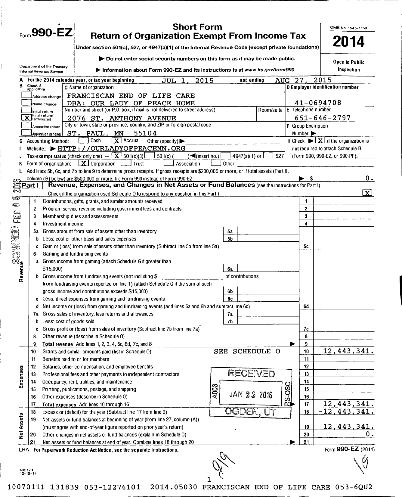 Image of first page of 2014 Form 990EZ for Franciscan End of Life Care