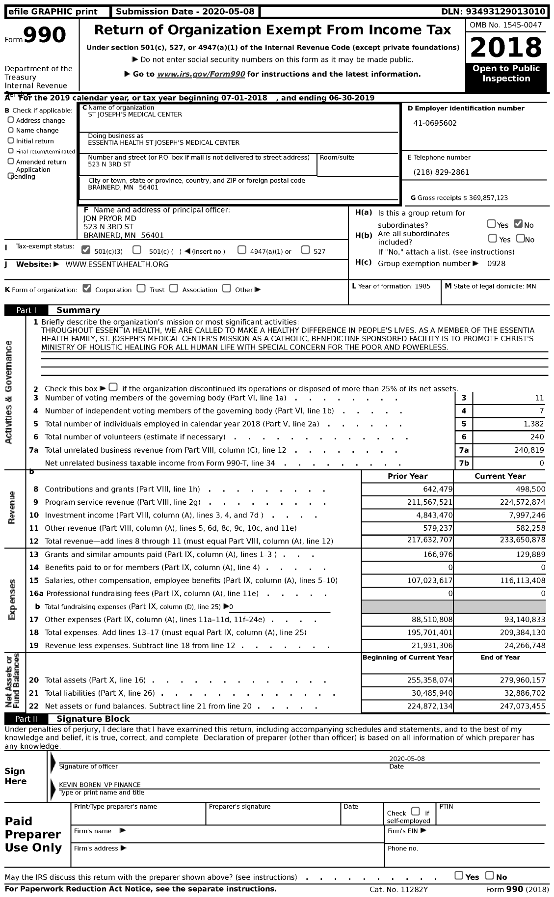 Image of first page of 2018 Form 990 for Essentia Health St Joseph's Medical Center