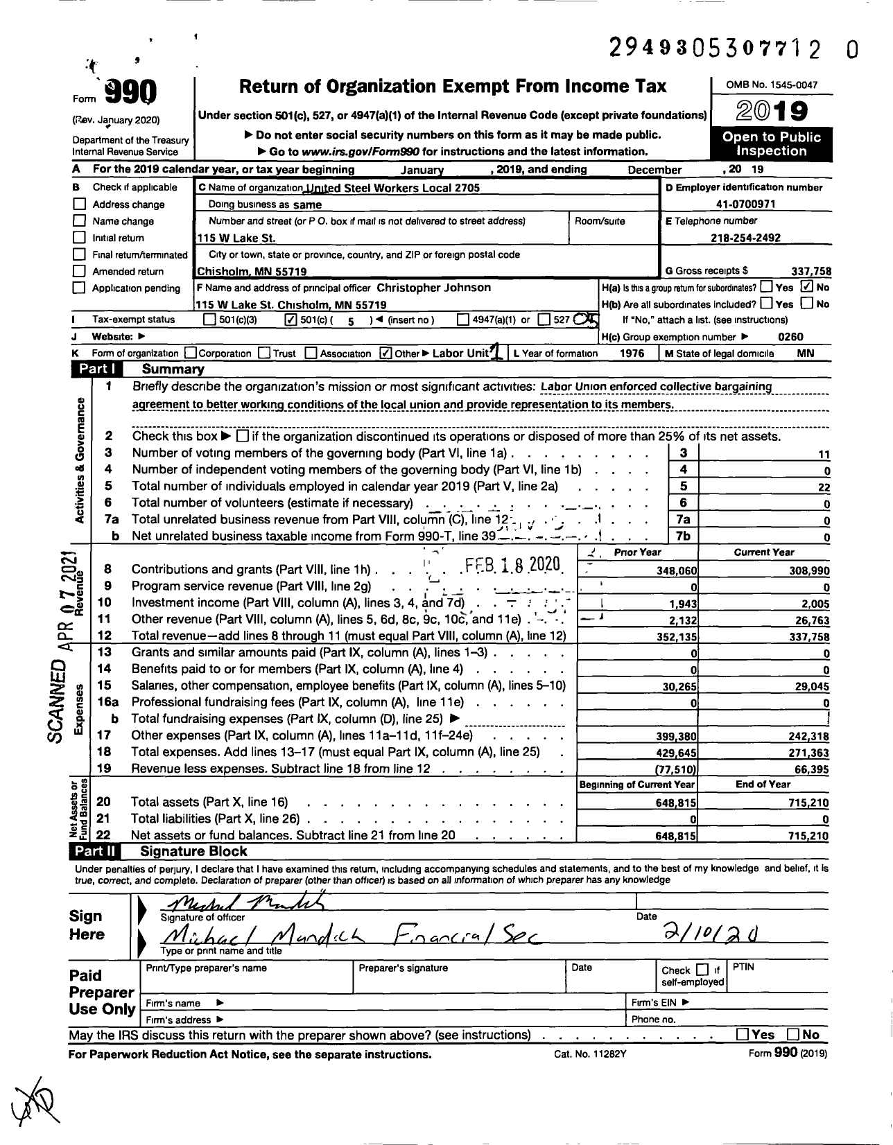 Image of first page of 2019 Form 990O for United Steelworkers - USW Local 02705