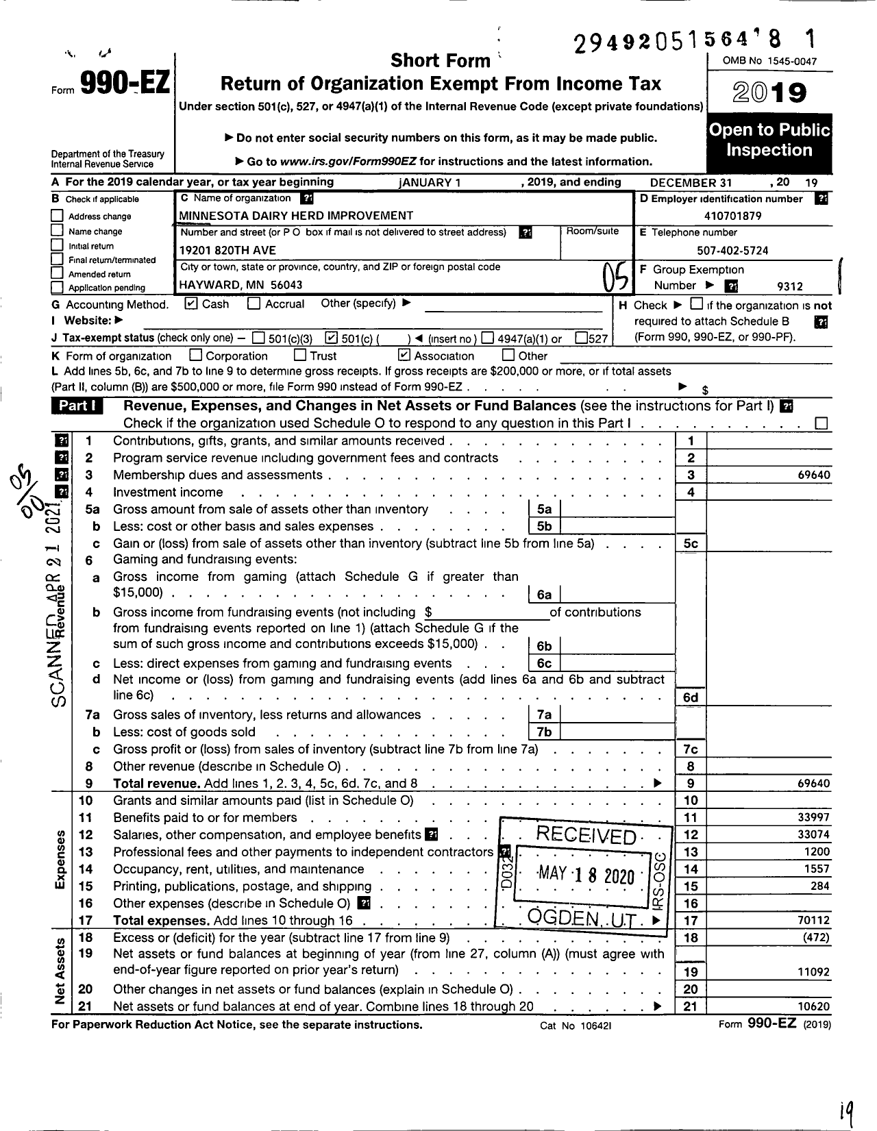 Image of first page of 2019 Form 990EO for Minnesota Dairy Herd Improvement Association / Freeborn Co Dairy Herd Improvement