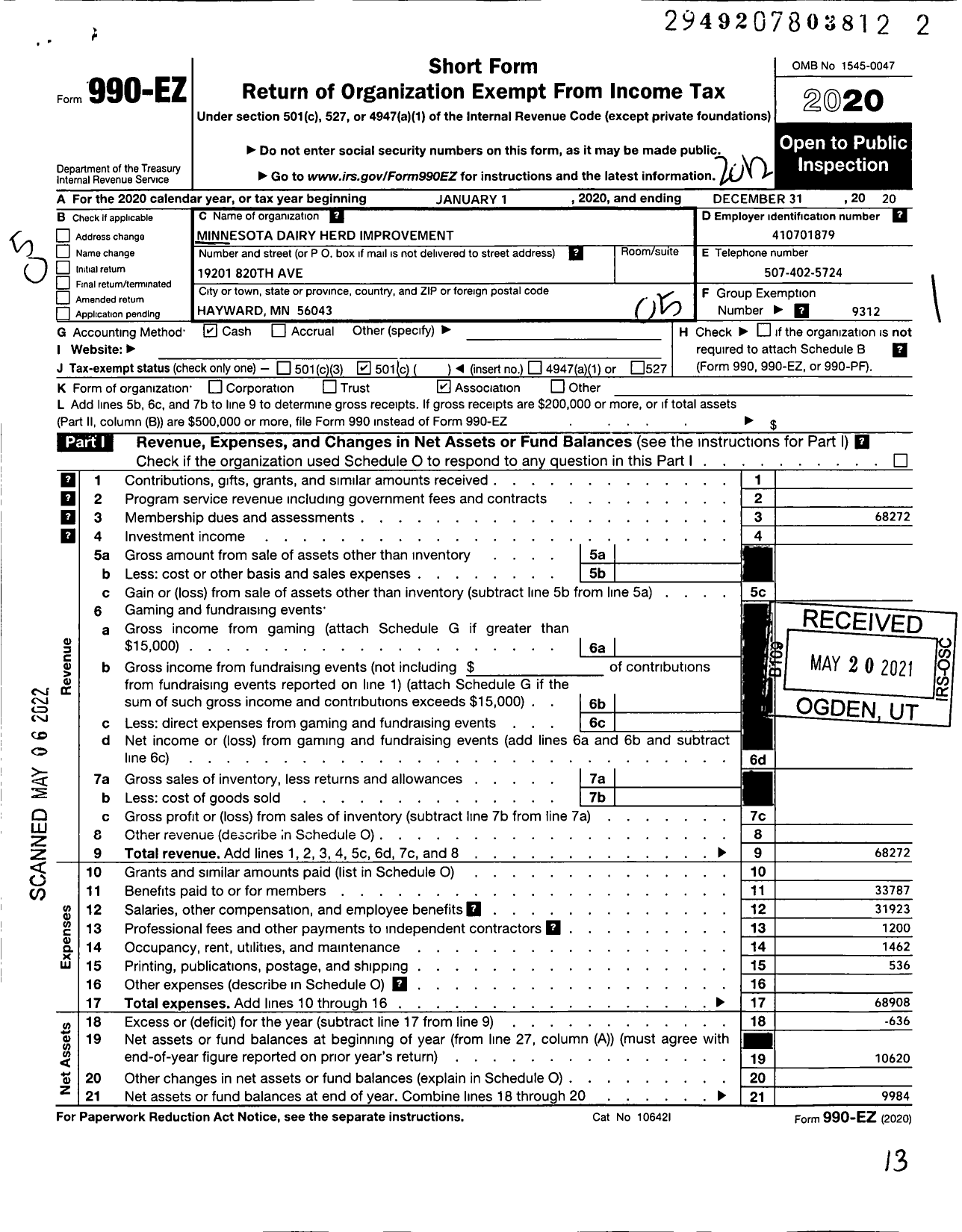 Image of first page of 2020 Form 990EO for Minnesota Dairy Herd Improvement Association / Freeborn Co Dairy Herd Improvement