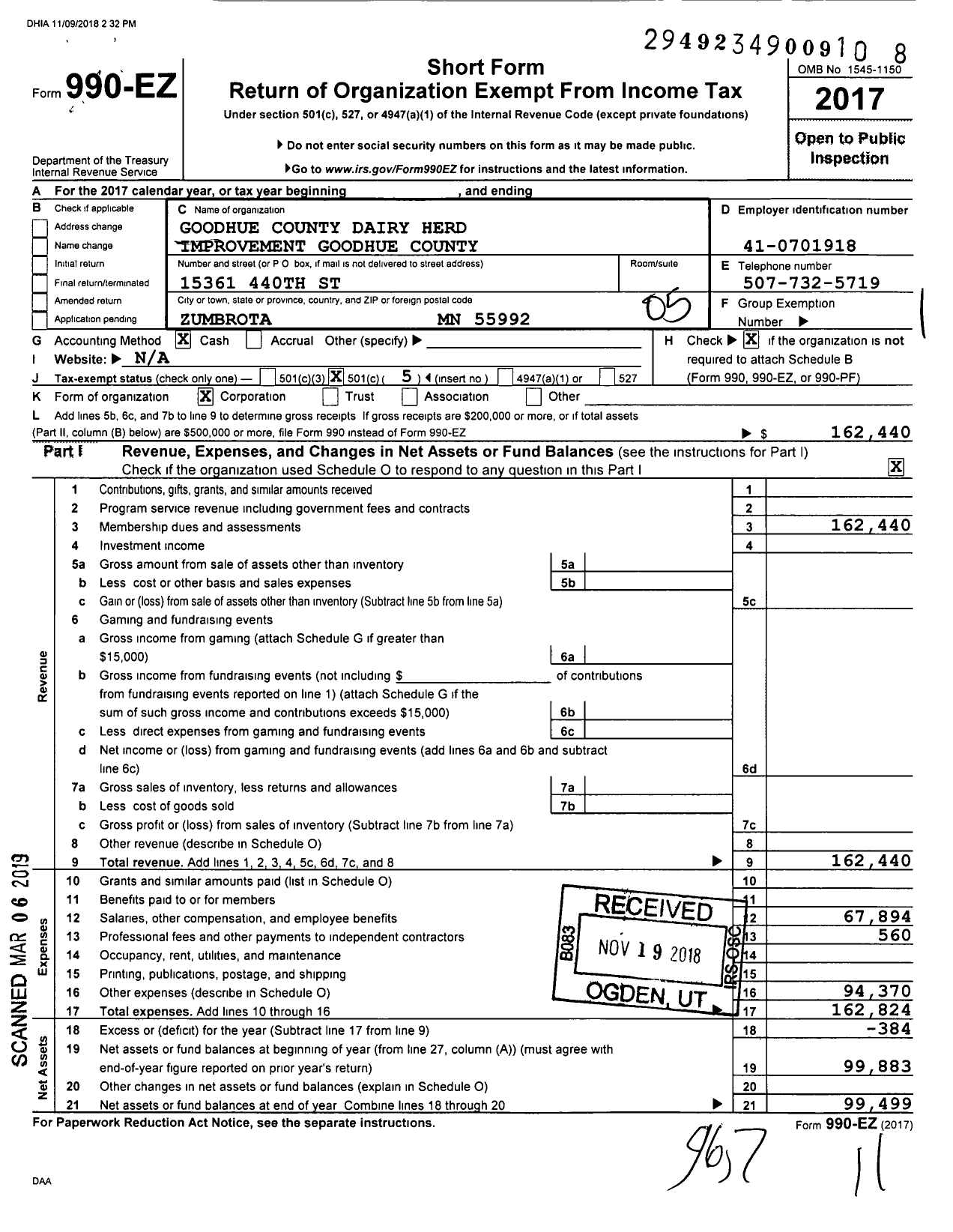 Image of first page of 2017 Form 990EO for Goodhue County Dairy Herd Improvement Goodhue County